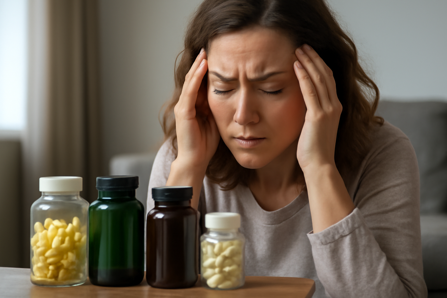 Woman holding her head with bottles of supplements in front