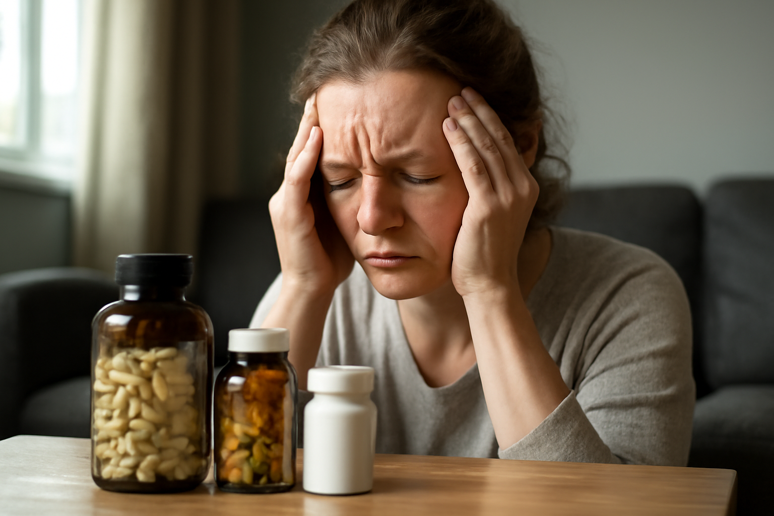 Woman holding head in pain with supplement bottles nearby