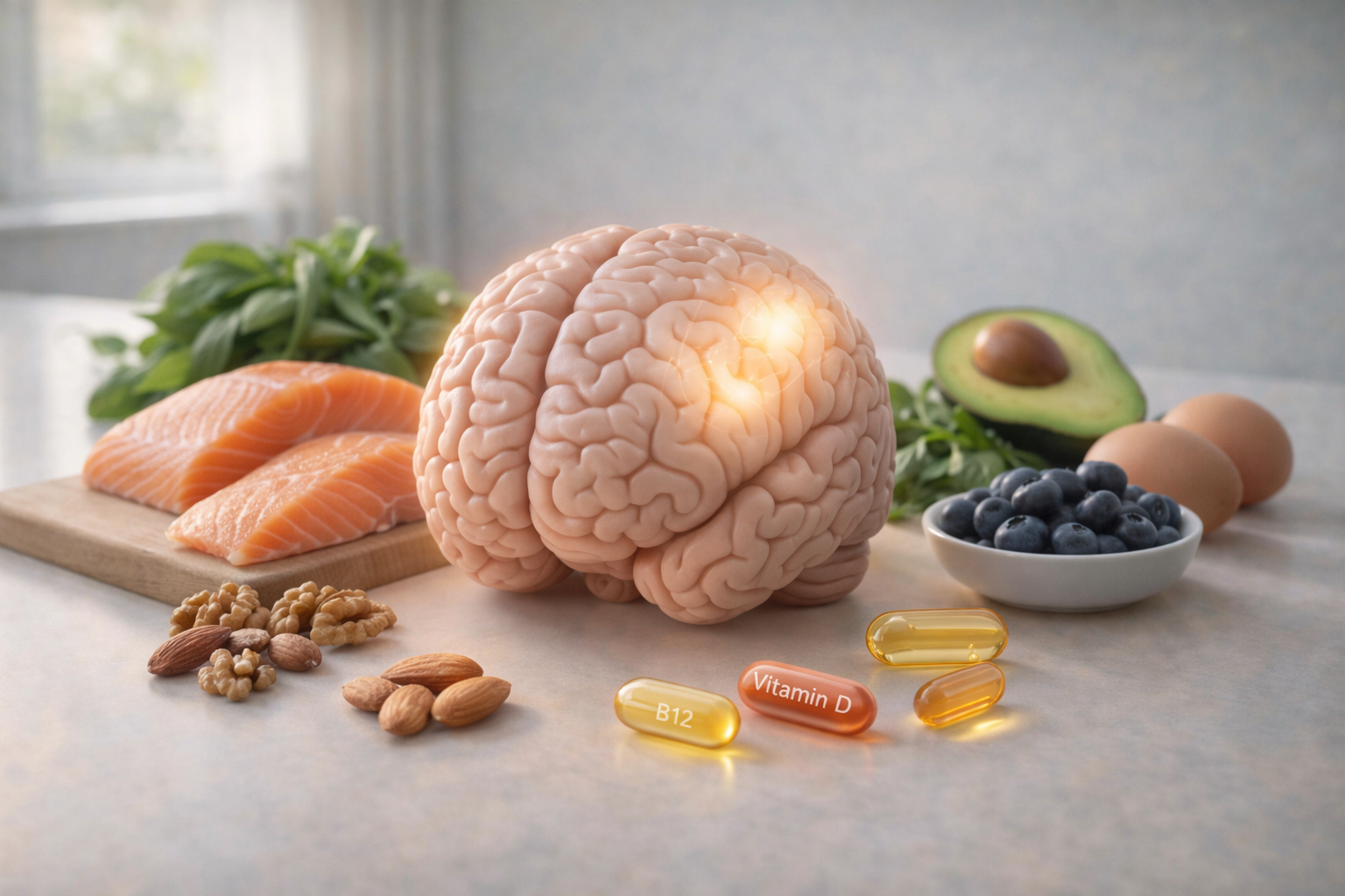 Bottles of vitamin B12, omega-3, and ginkgo biloba supplements labeled as best vitamins for memory and brain health on a wooden table.