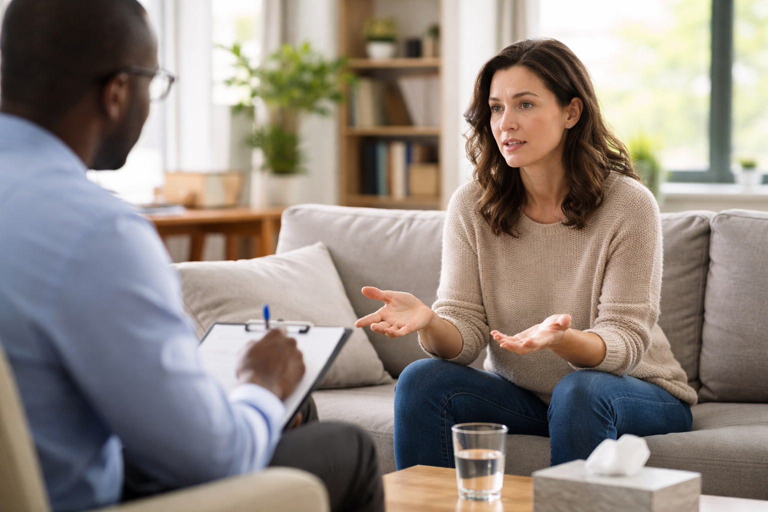 A person sitting alone with a distressed expression, illustrating the emotional impact and potential for PTSD from experiencing emotional abuse.