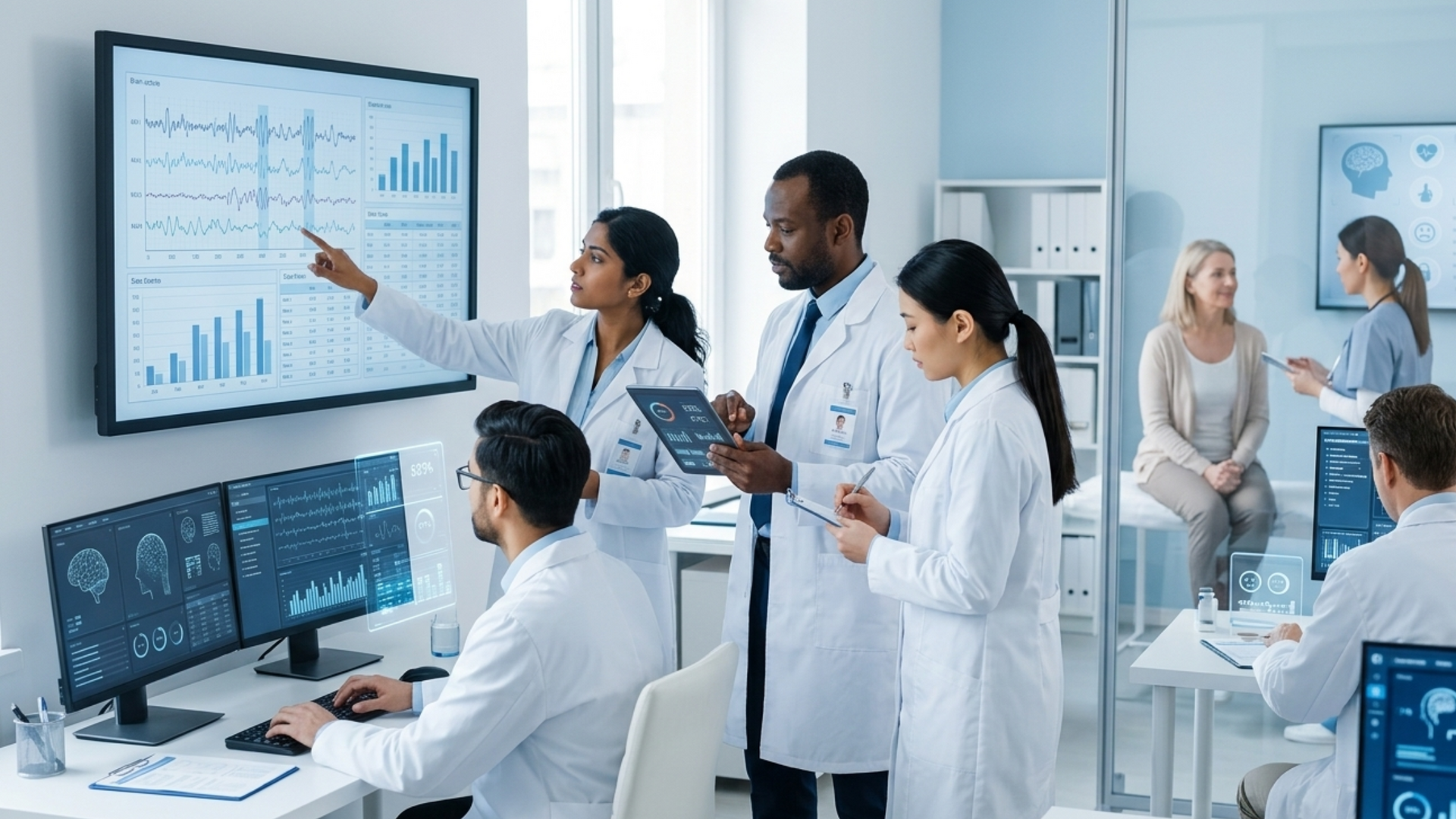 Researchers in lab coats review patient data and medical charts during a clinical study to evaluate new treatment effectiveness and safety.