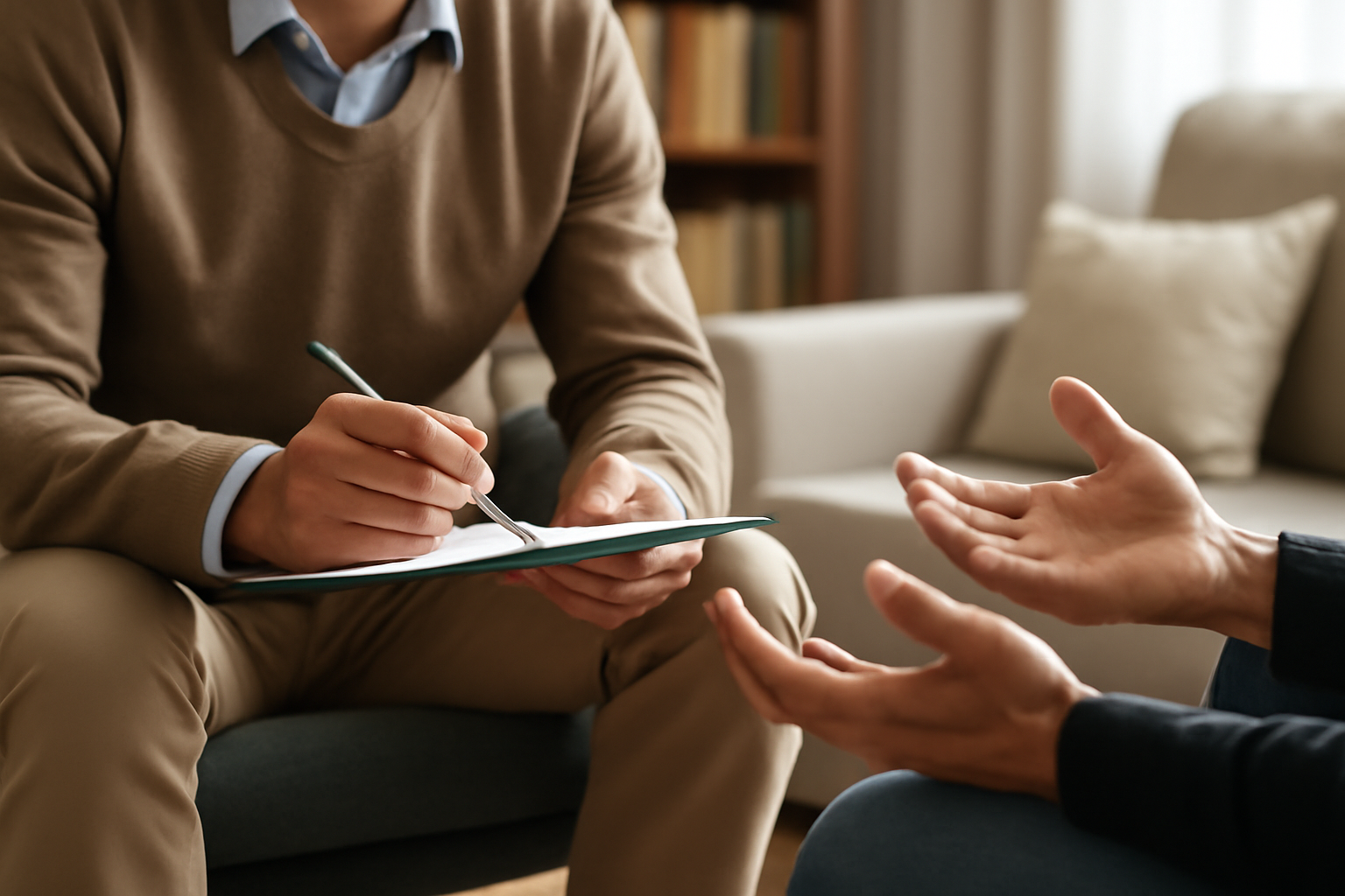 A therapist guides a client through cognitive behavioral therapy techniques to improve executive dysfunction, focusing on planning and organizational skills.