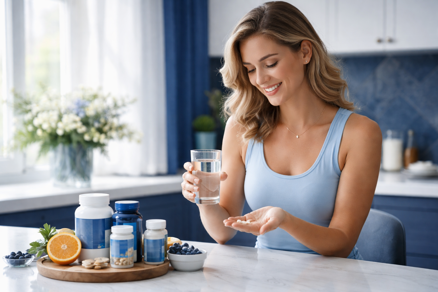 A selection of supplements for migraines, including magnesium, riboflavin, and CoQ10 capsules, arranged on a table with a glass of water.