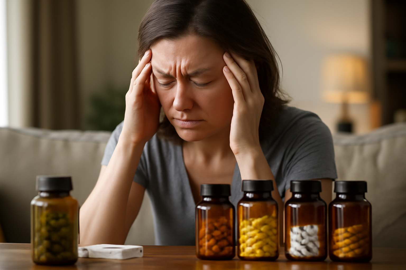 A selection of the best supplements for migraines, including magnesium, riboflavin, and CoQ10, displayed on a table with a glass of water.