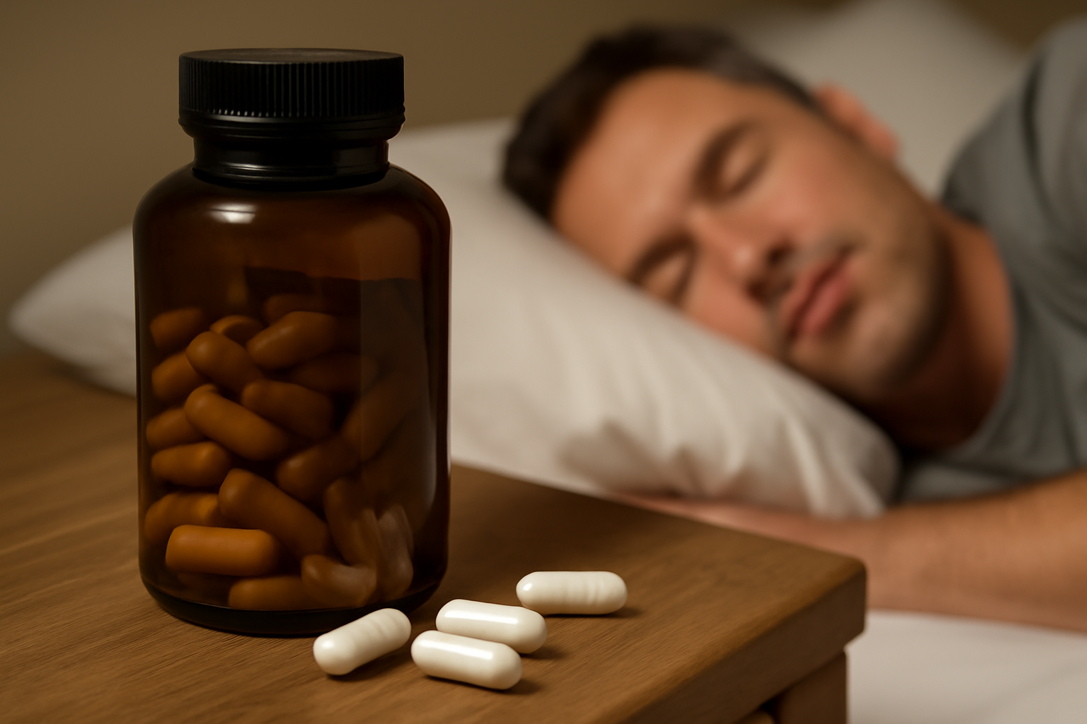 A bottle of GABA supplement tablets with a label showing recommended dosage for sleep support, placed on a bedside table next to a glass of water.