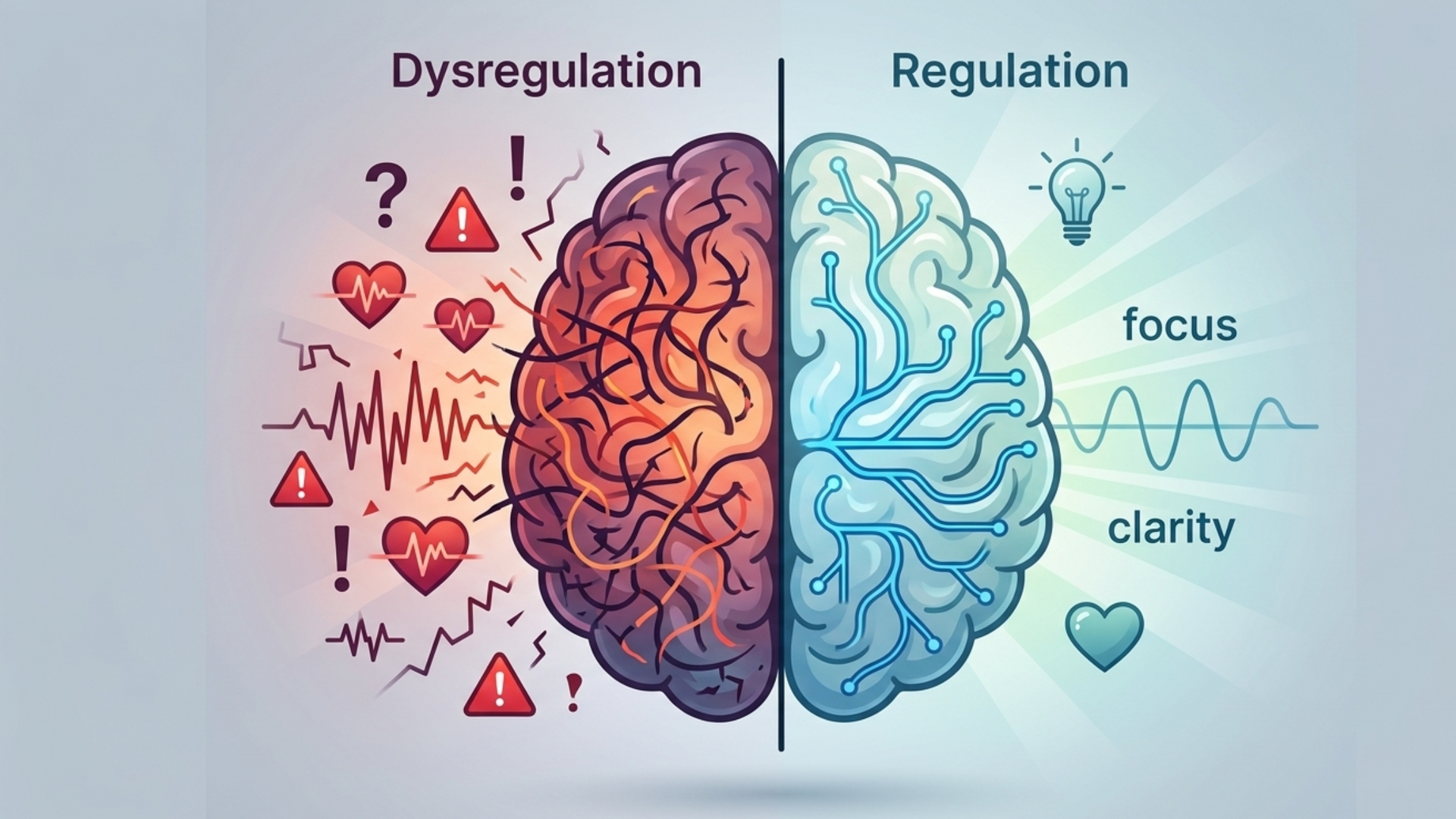 Illustration showing dysregulation with disrupted feedback loops and imbalanced signals between brain, hormones, and body systems, indicating loss of control.