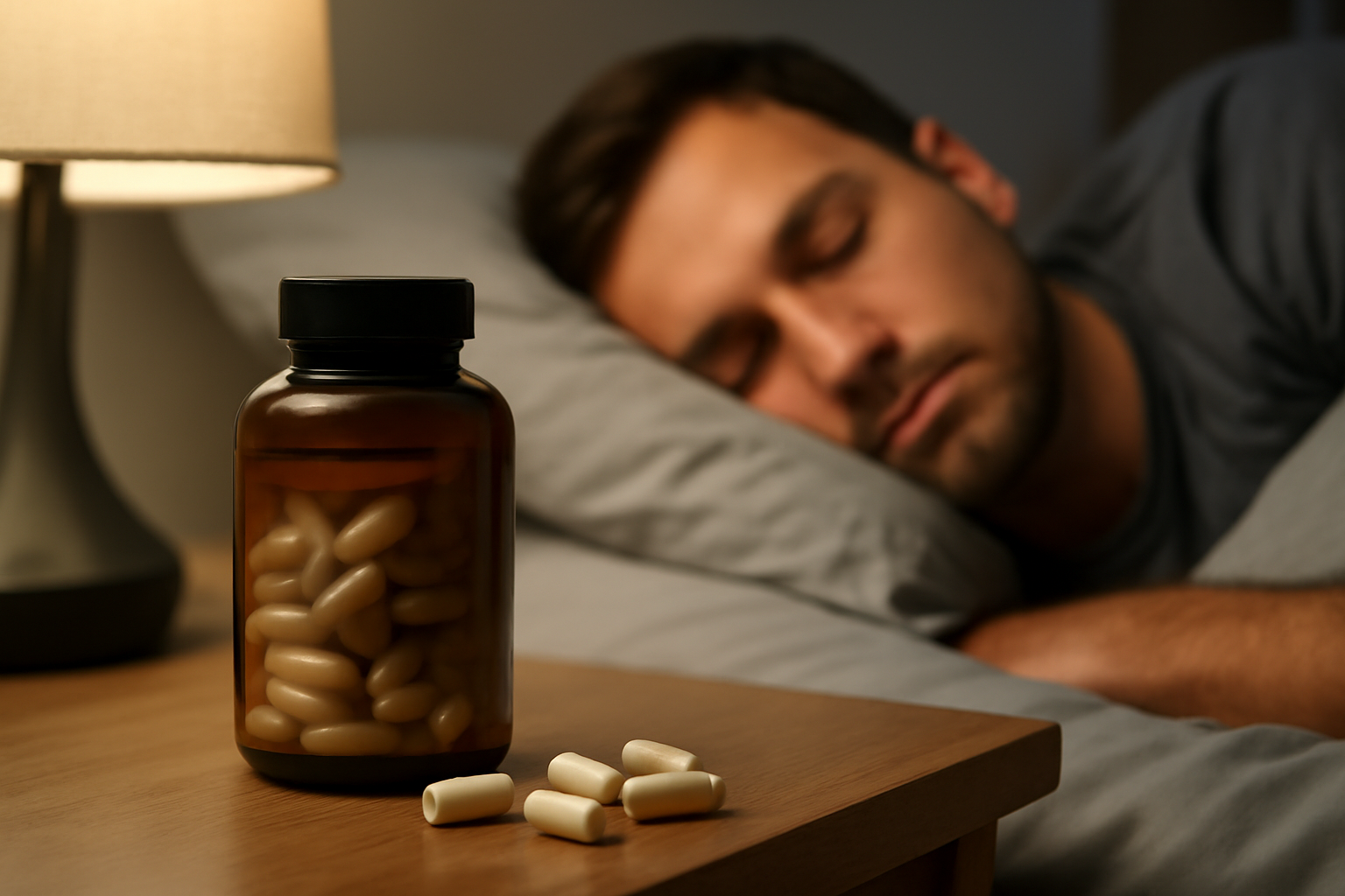 Pill bottle and capsules on bedside table with man sleeping