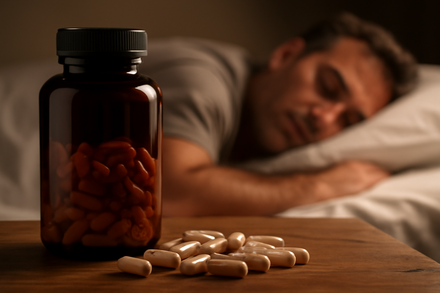 Brown pill bottle and capsules on table with man sleeping in background