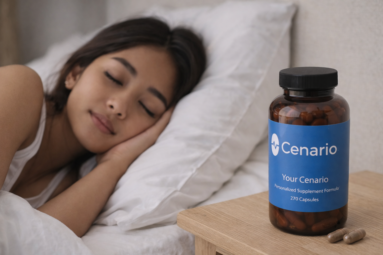 A bottle of GABA supplement capsules labeled for sleep support, placed on a bedside table next to a glass of water and an alarm clock.
