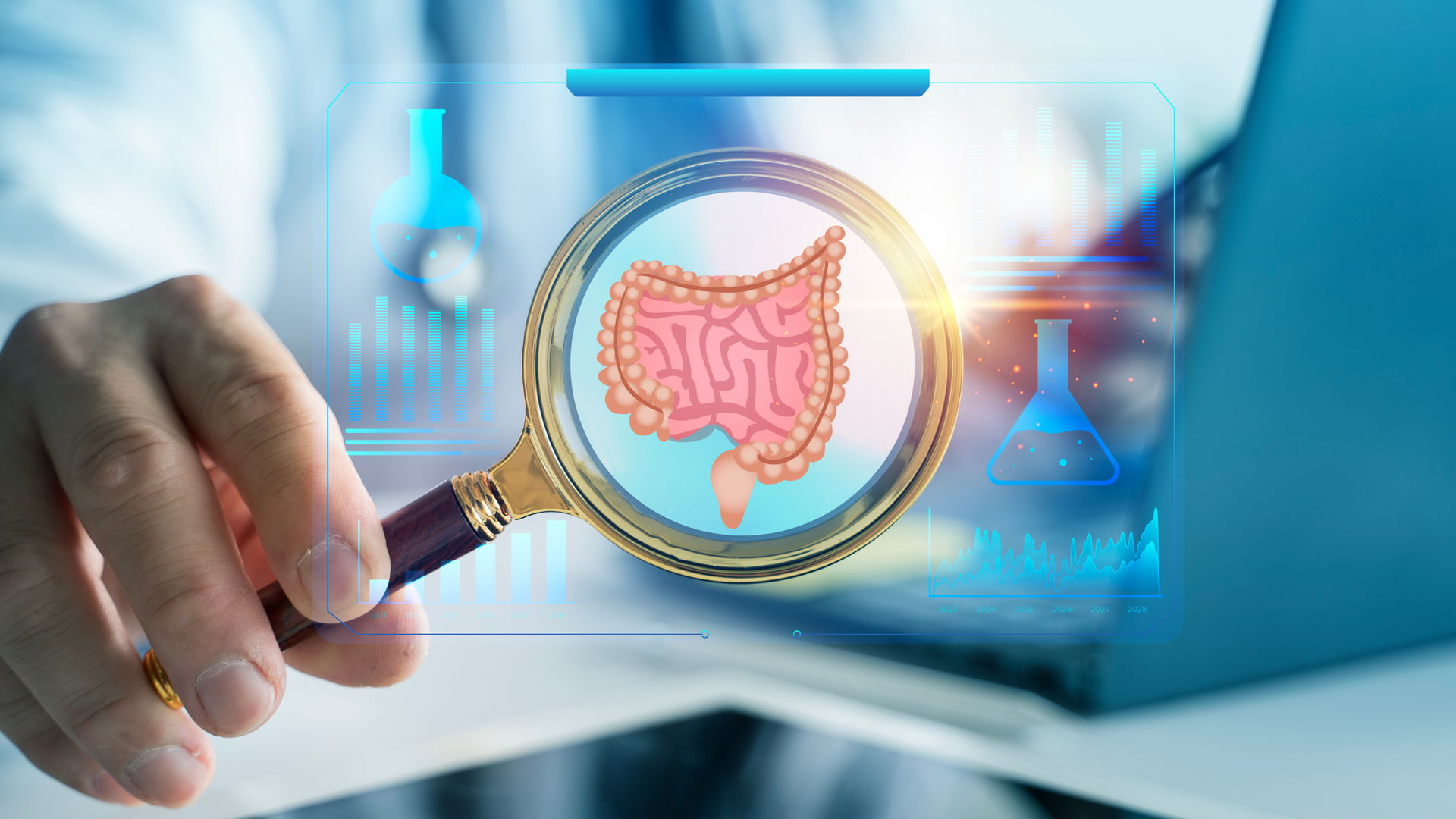 Illustration showing diverse bacteria and microorganisms within the human gut, representing the complex ecosystem of the gut microbiome.