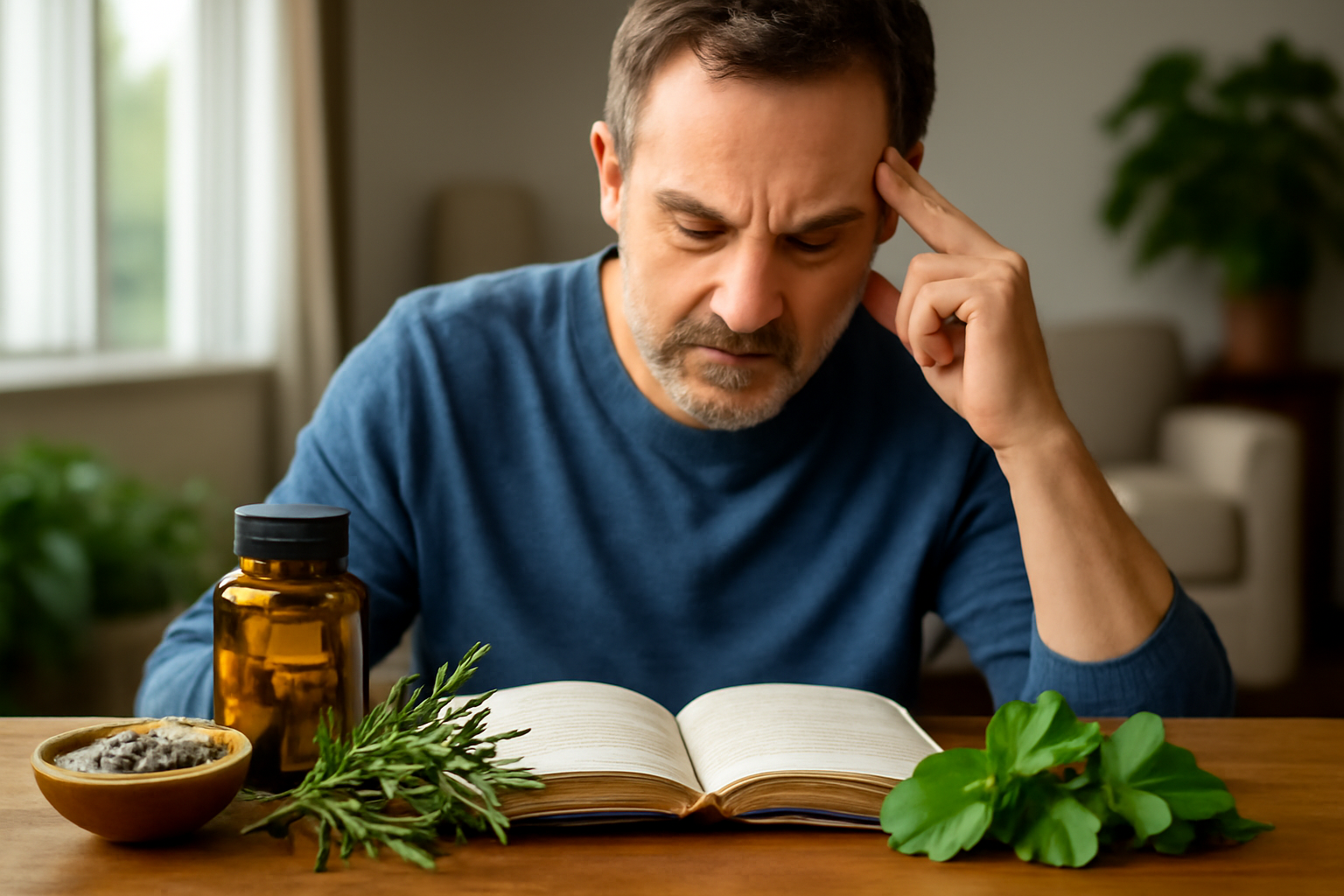 Man studying herbs with book and herbal bottles on table