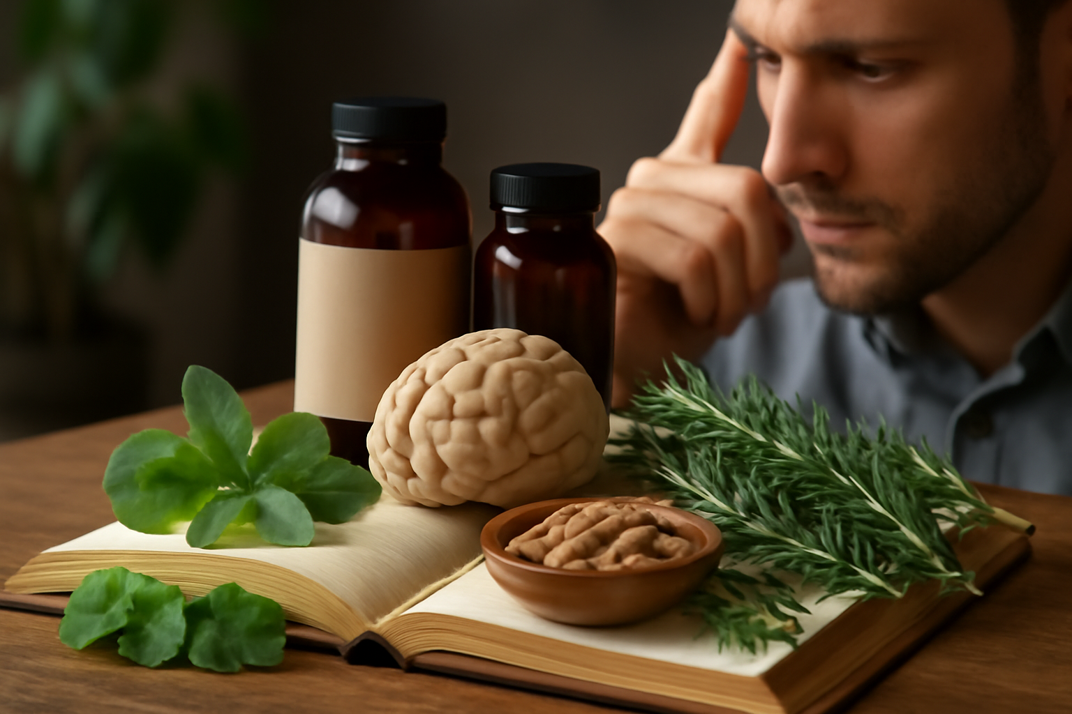 Man contemplating herbal supplements and brain model on open book