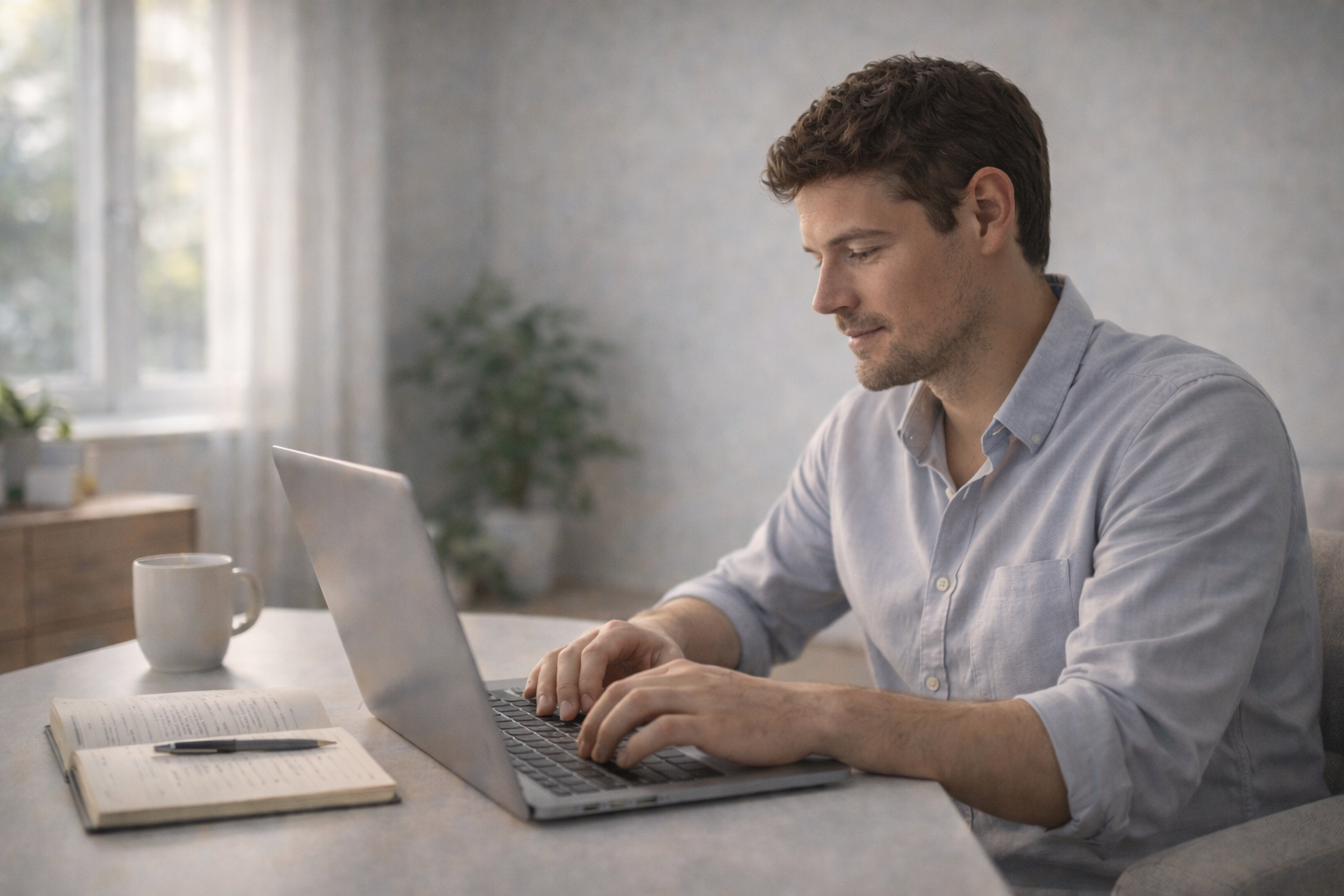 A person sitting at a desk with a notebook and coffee, practicing deep breathing and minimizing distractions to regain focus and concentration.