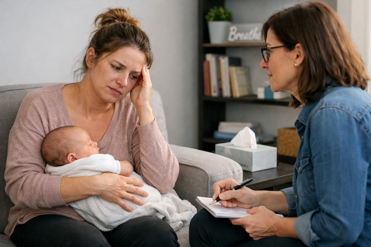 A new mother experiencing intense anger and frustration, illustrating the emotional challenges of postpartum rage and questioning its duration after childbirth.