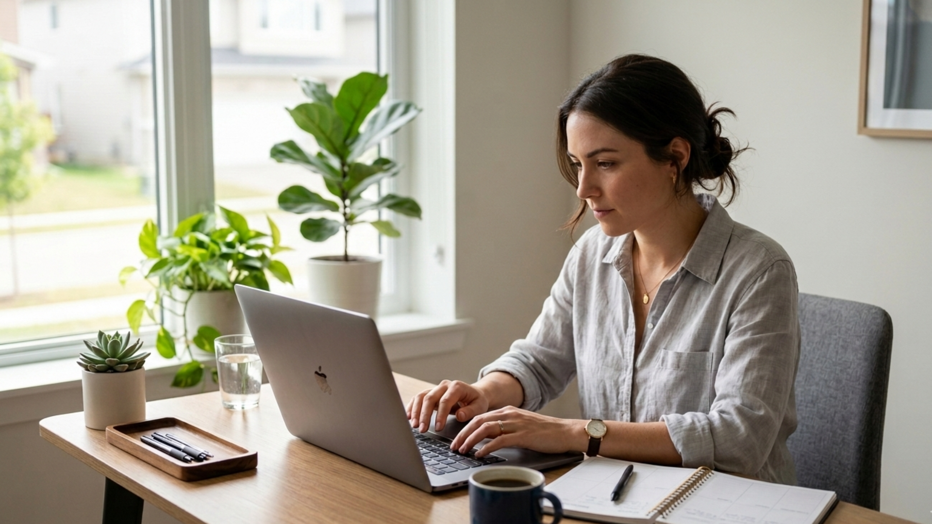 A person practicing deep breathing and mindfulness exercises at a desk to regain concentration and improve focus while studying or working.