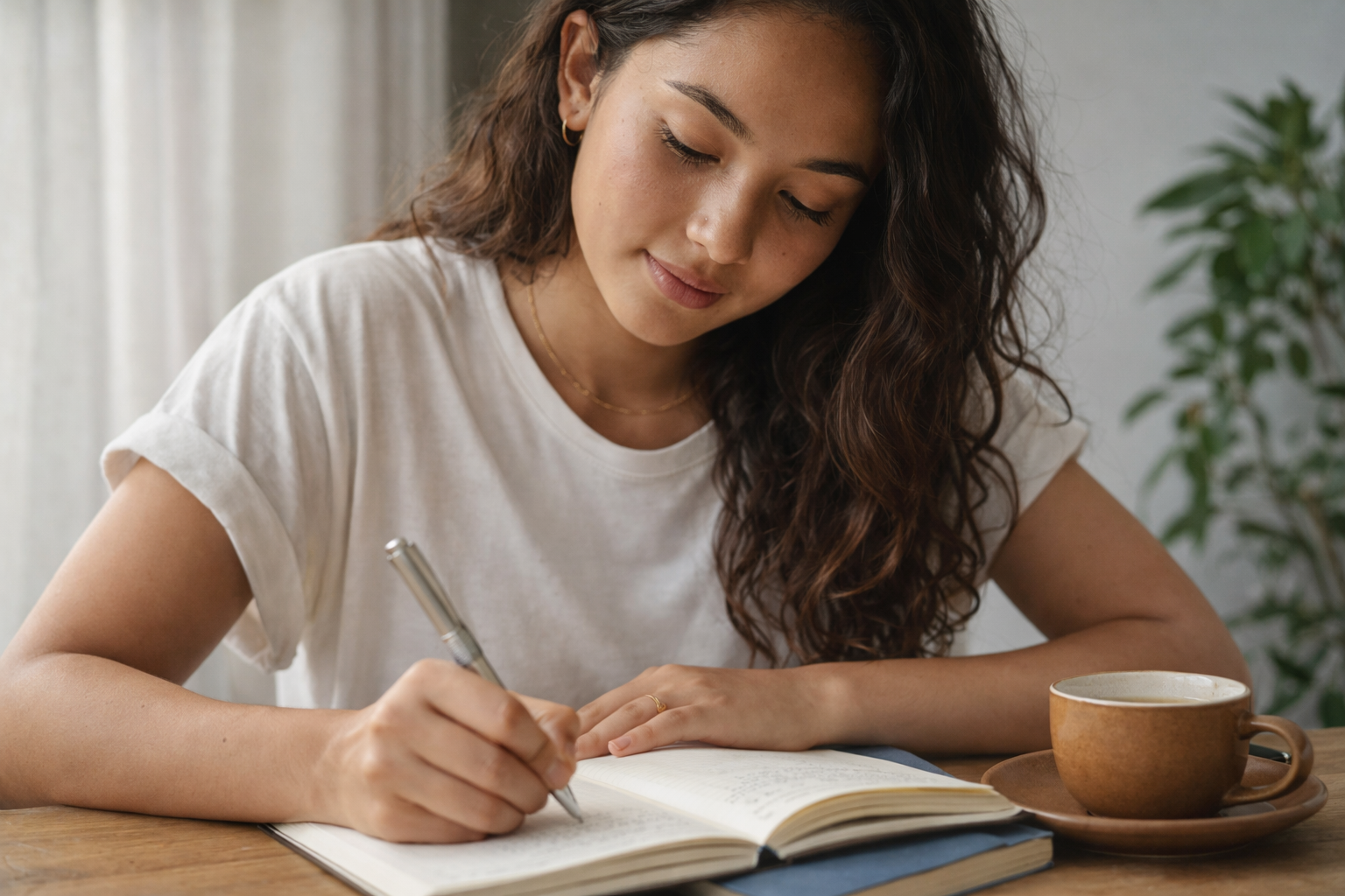A stack of colorful journals with "journal" embossed on the cover, open to blank lined pages, placed on a wooden desk with a pen beside them.