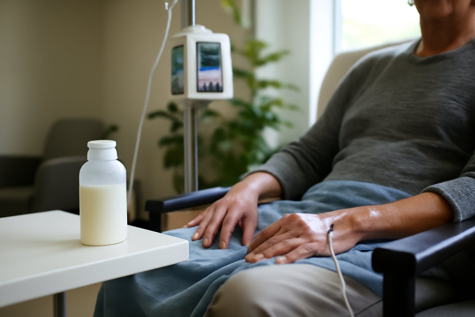 A healthcare professional administers ketamine therapy to a patient in a clinical setting to treat depression and other mental health conditions.