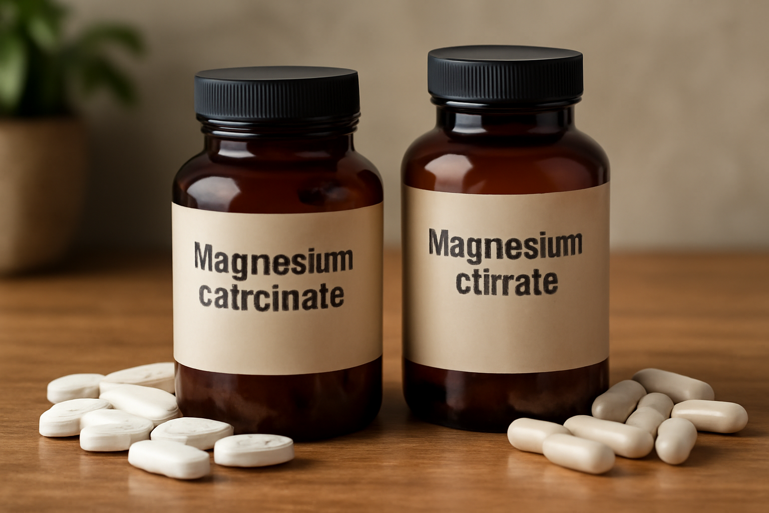 Two bottles labeled Magnesium Citrate with tablets and capsules