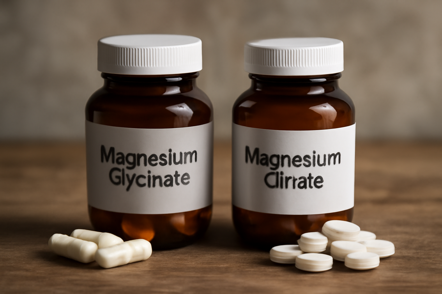 Bottles labeled Magnesium Glycinate and Magnesium Citrate with pills