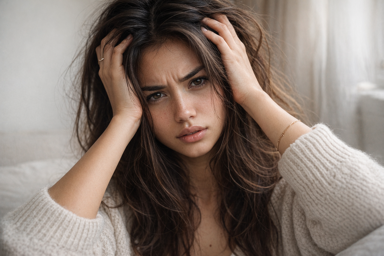 A young woman sits alone on a couch, holding her head in her hands, visibly distressed, illustrating the emotional impact of mood swings.