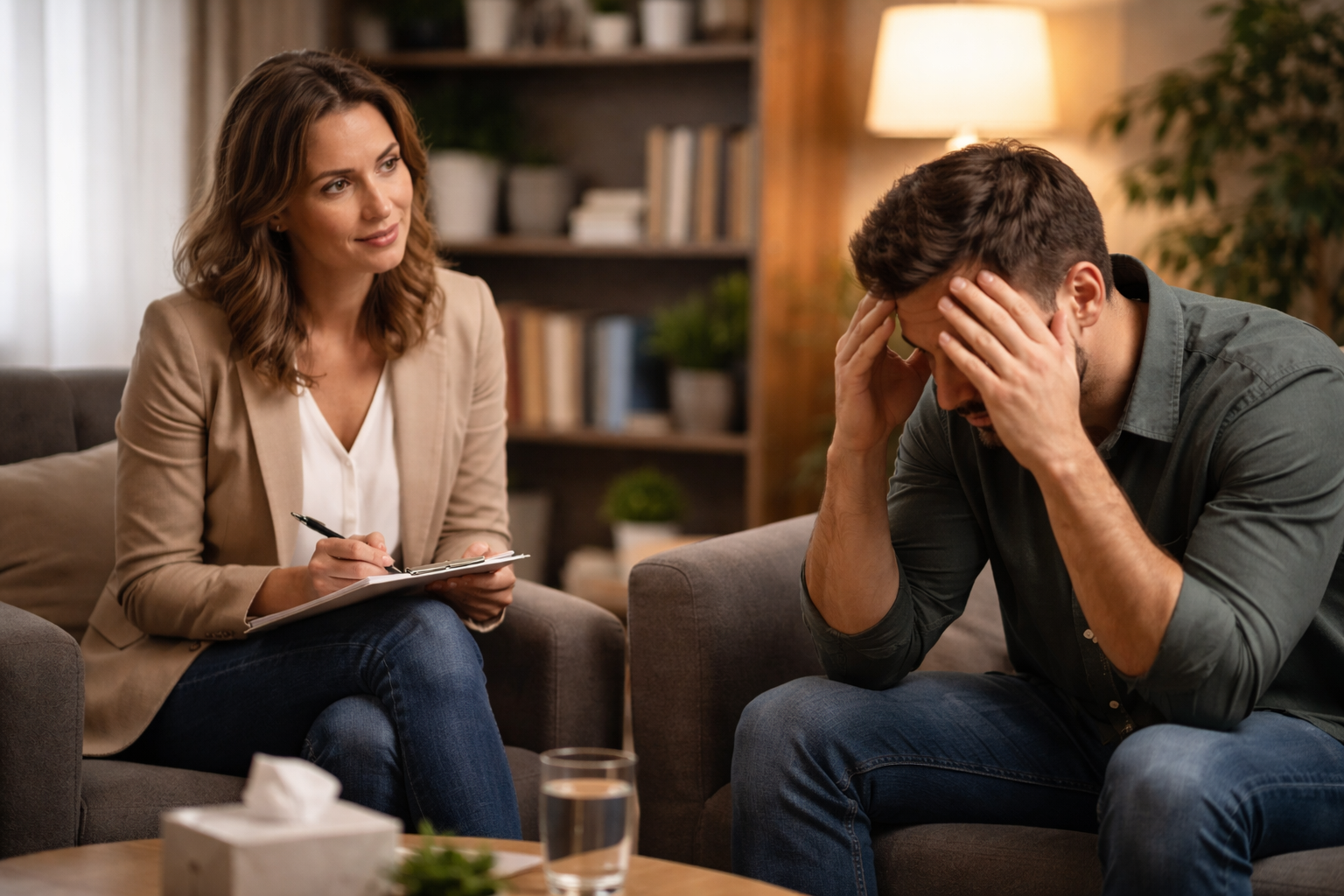 A person sitting alone in a dimly lit room, holding their head in distress, with visible self-inflicted marks on their arm, illustrating OCD and self-injury.