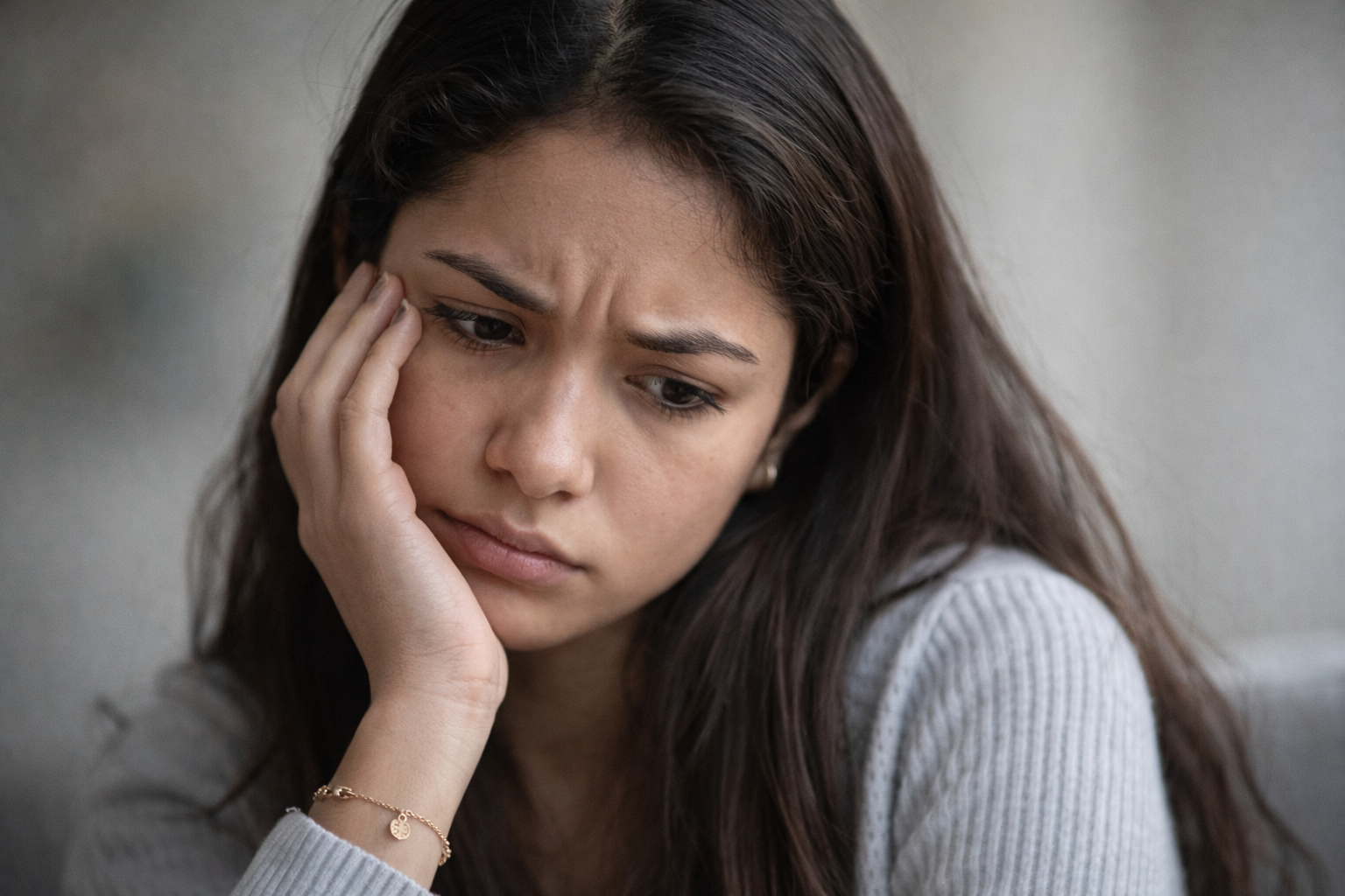 A person clutching their chest and breathing rapidly, sitting alone in distress, illustrating the intense fear and physical symptoms of a panic attack.