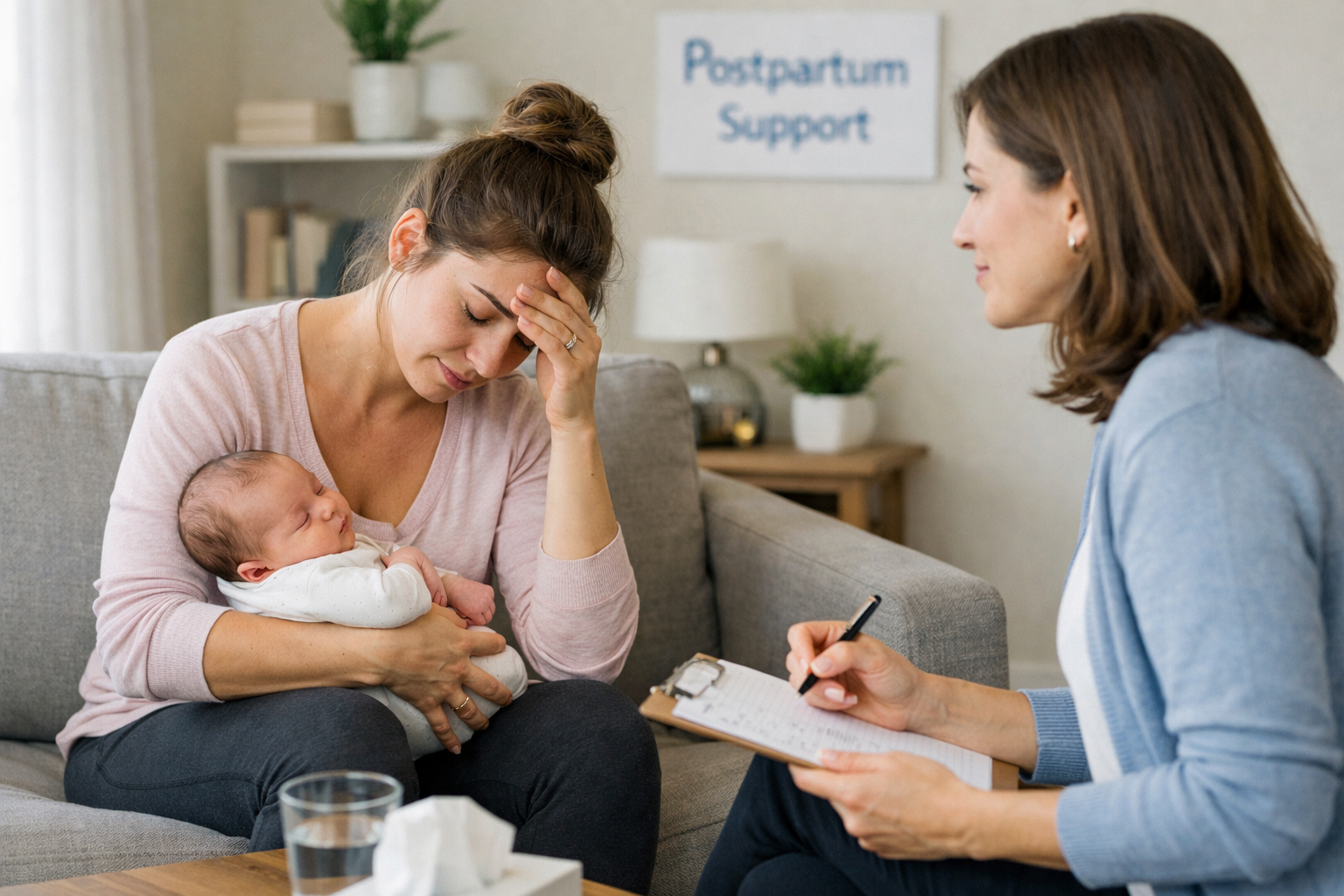 A mother sits with a therapist, discussing postpartum rage therapy to manage intense emotions and improve mental health after childbirth.
