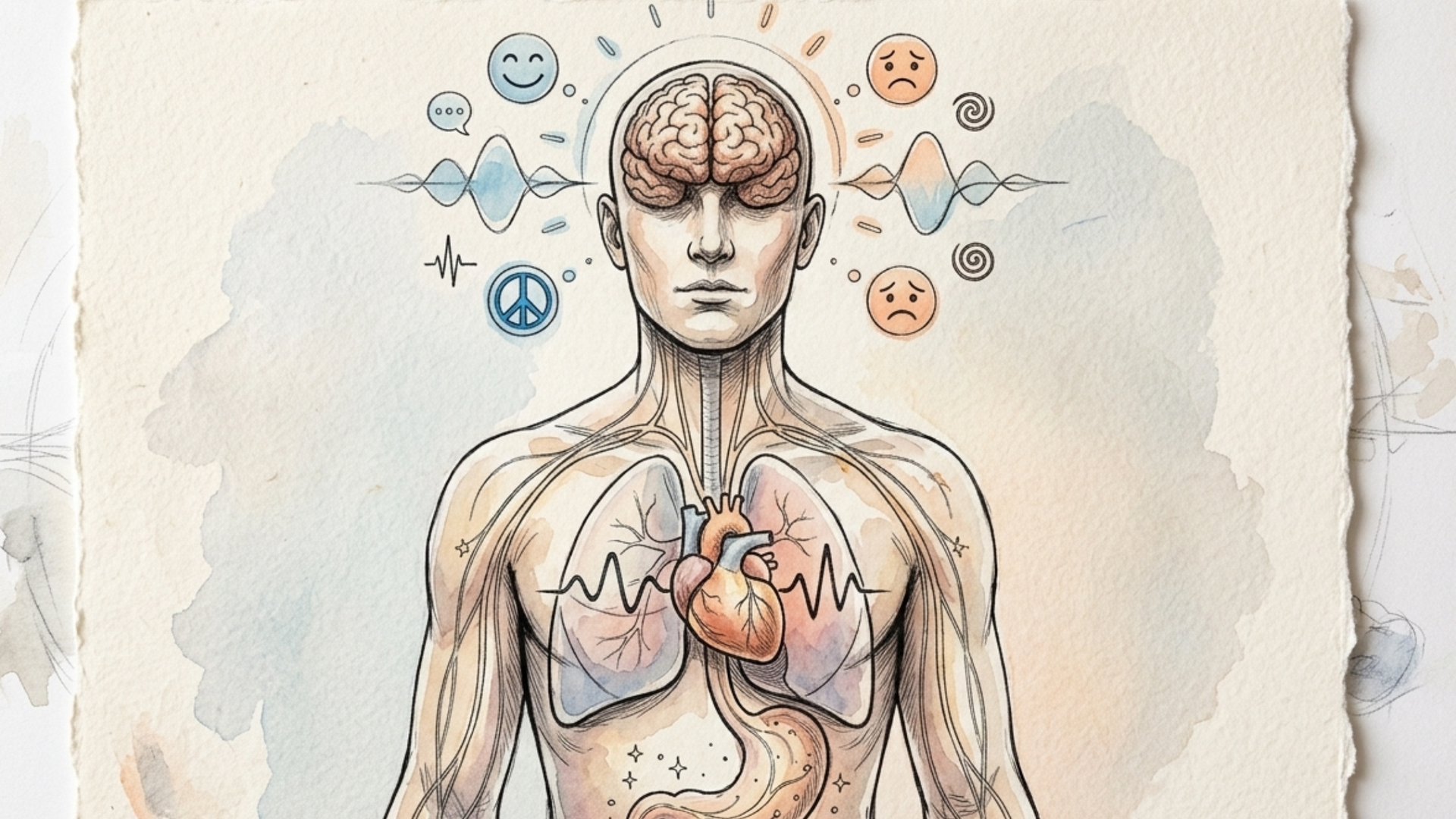 Diagram illustrating psychophysiology, showing connections between brain activity, heart rate, and emotional responses in human subjects during experiments.