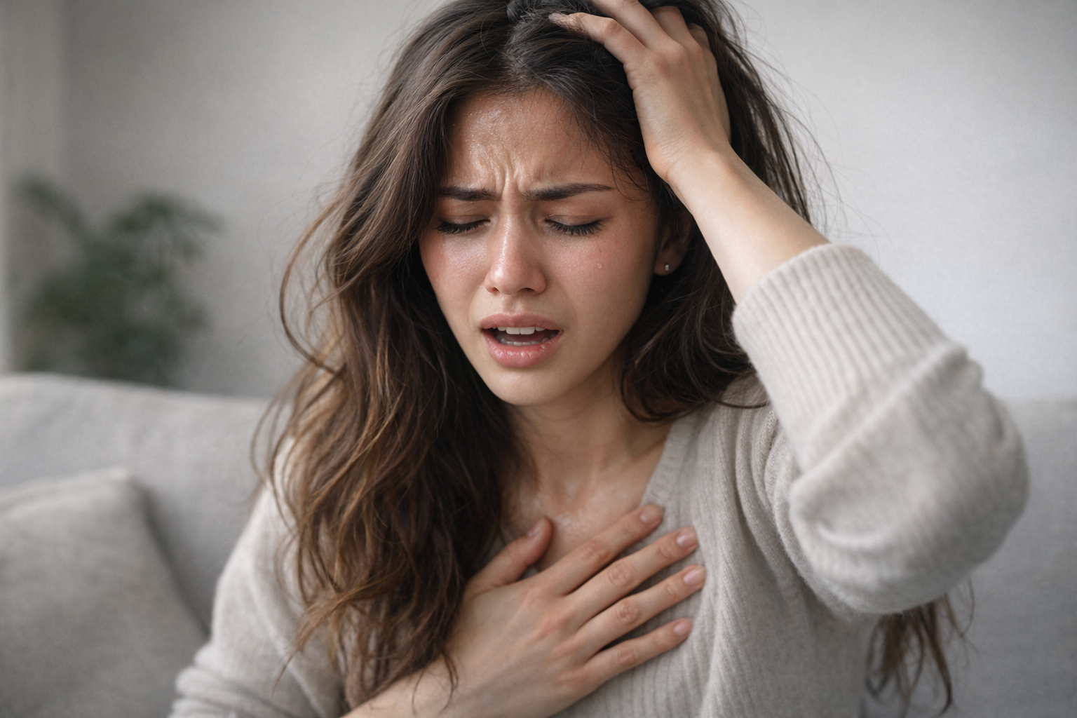 Illustration of a person sitting with their head in their hands, surrounded by swirling, overlapping thought bubbles representing racing thoughts and mental overwhelm.