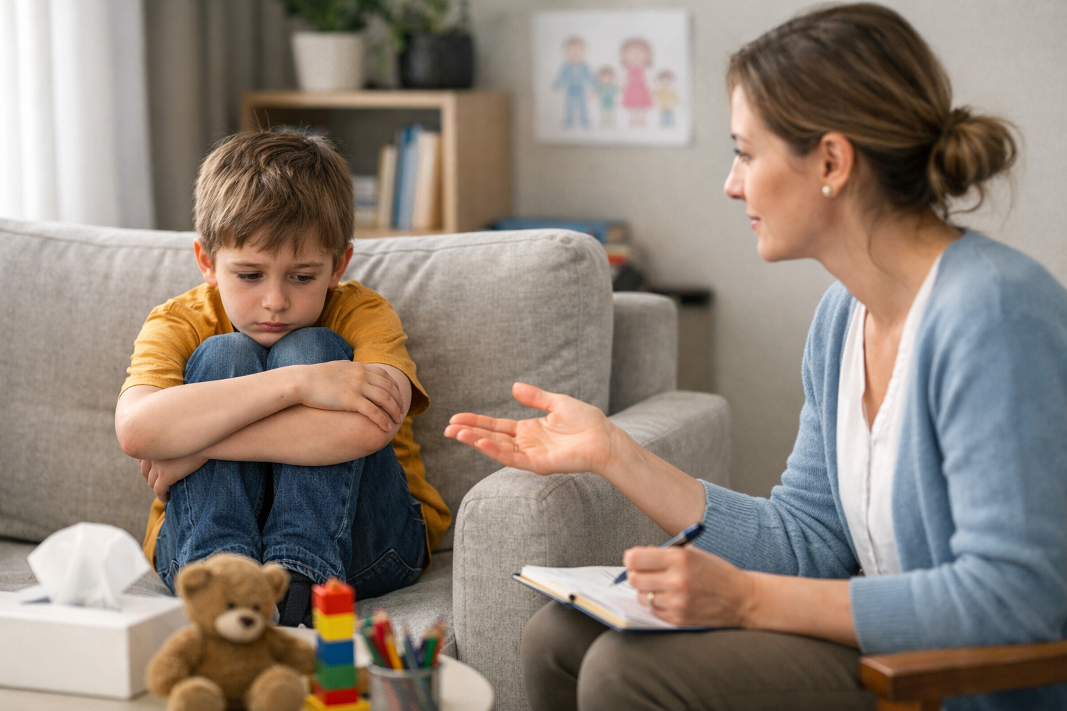 A young child sits alone with a sad expression, hugging their knees, showing signs of emotional trauma such as withdrawal and visible distress.