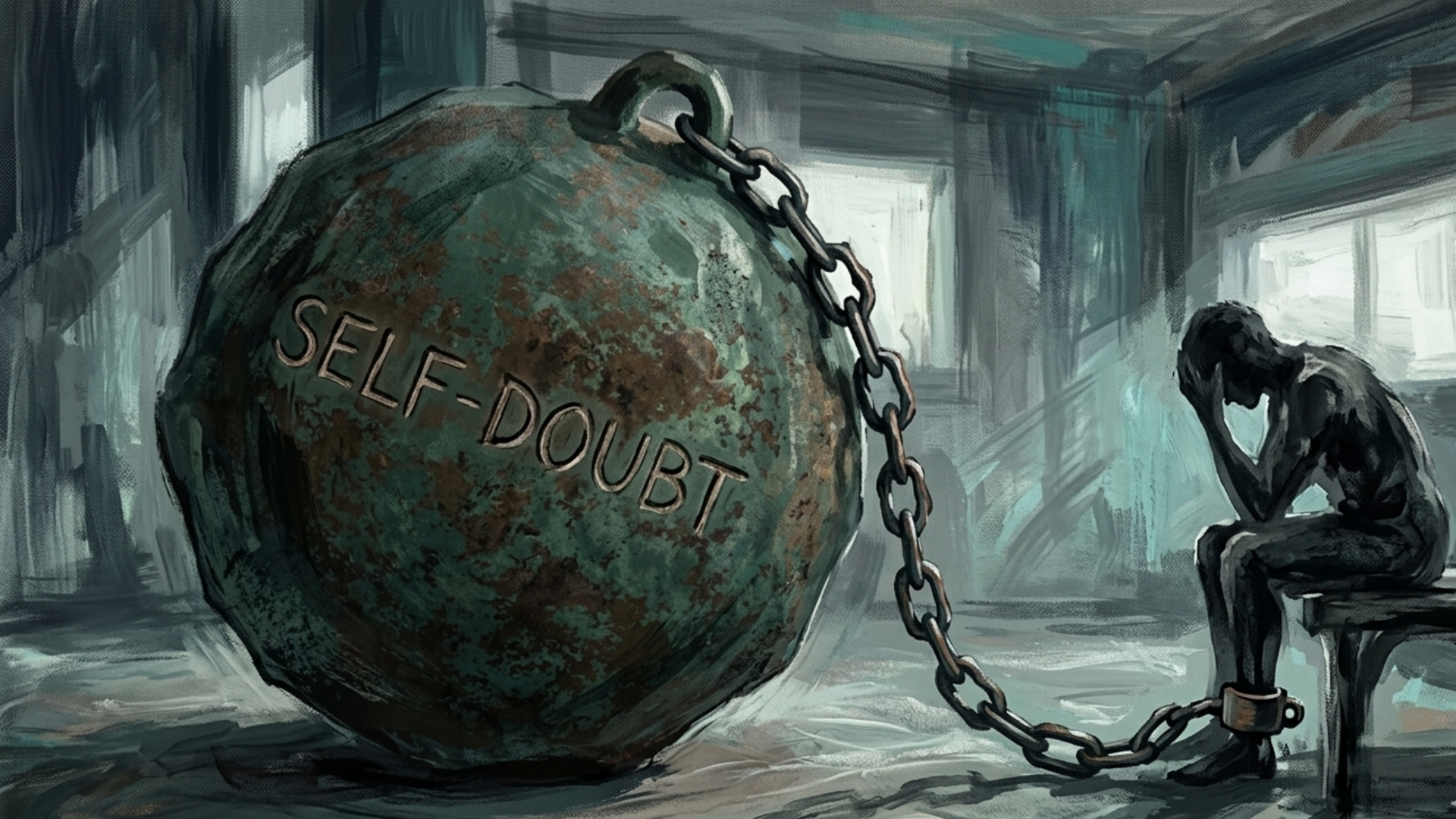 A person sits alone with their head in their hands, surrounded by thought bubbles filled with question marks, symbolizing feelings of self doubt and uncertainty.