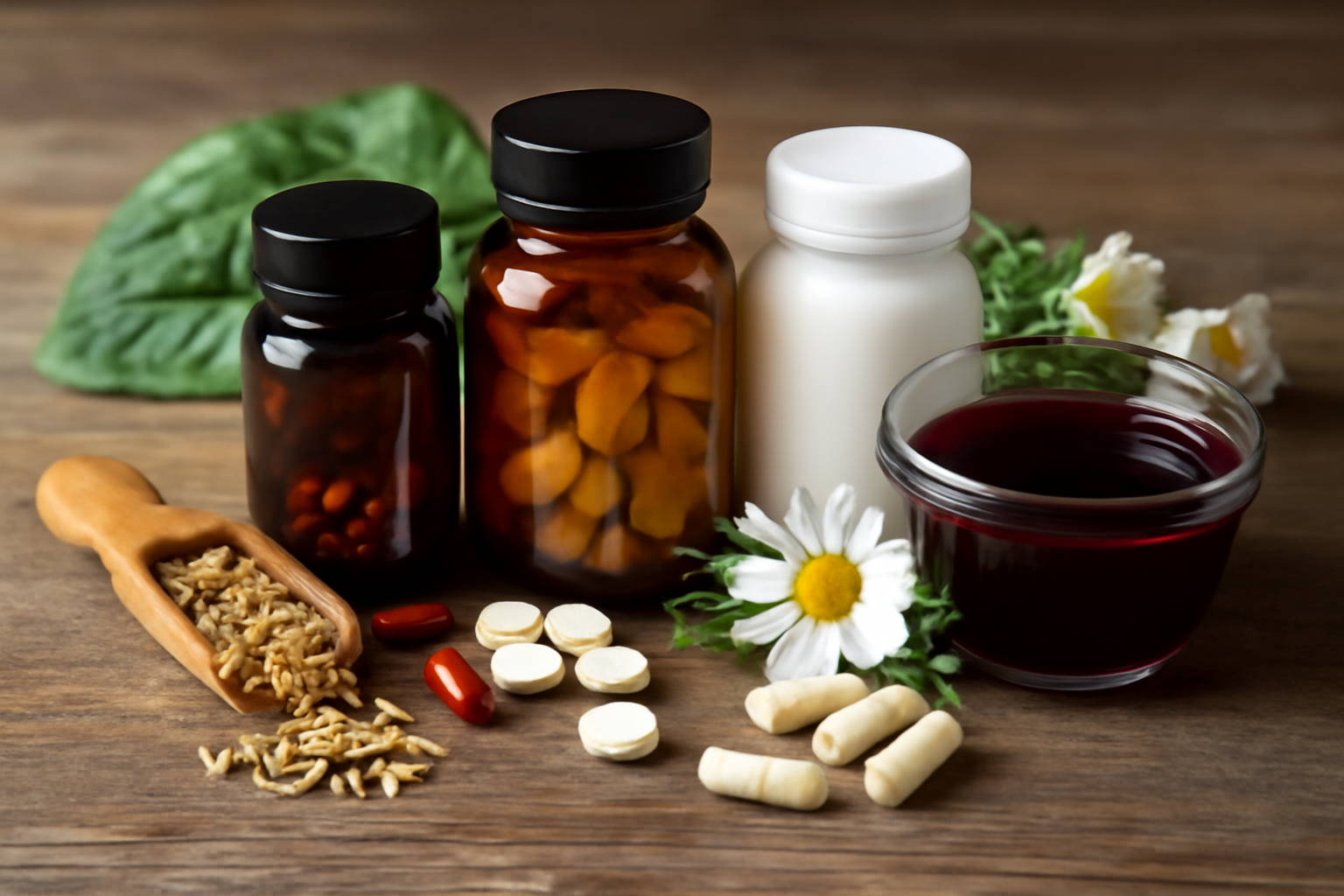Natural sleep aid supplements with capsules, tablets, herbs, and herbal tea