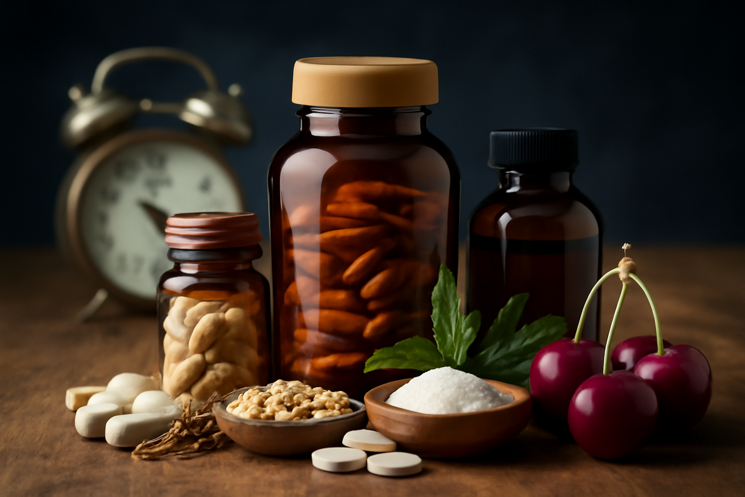 Bottles of supplements, tablets, herbs, and cherries on a wooden surface