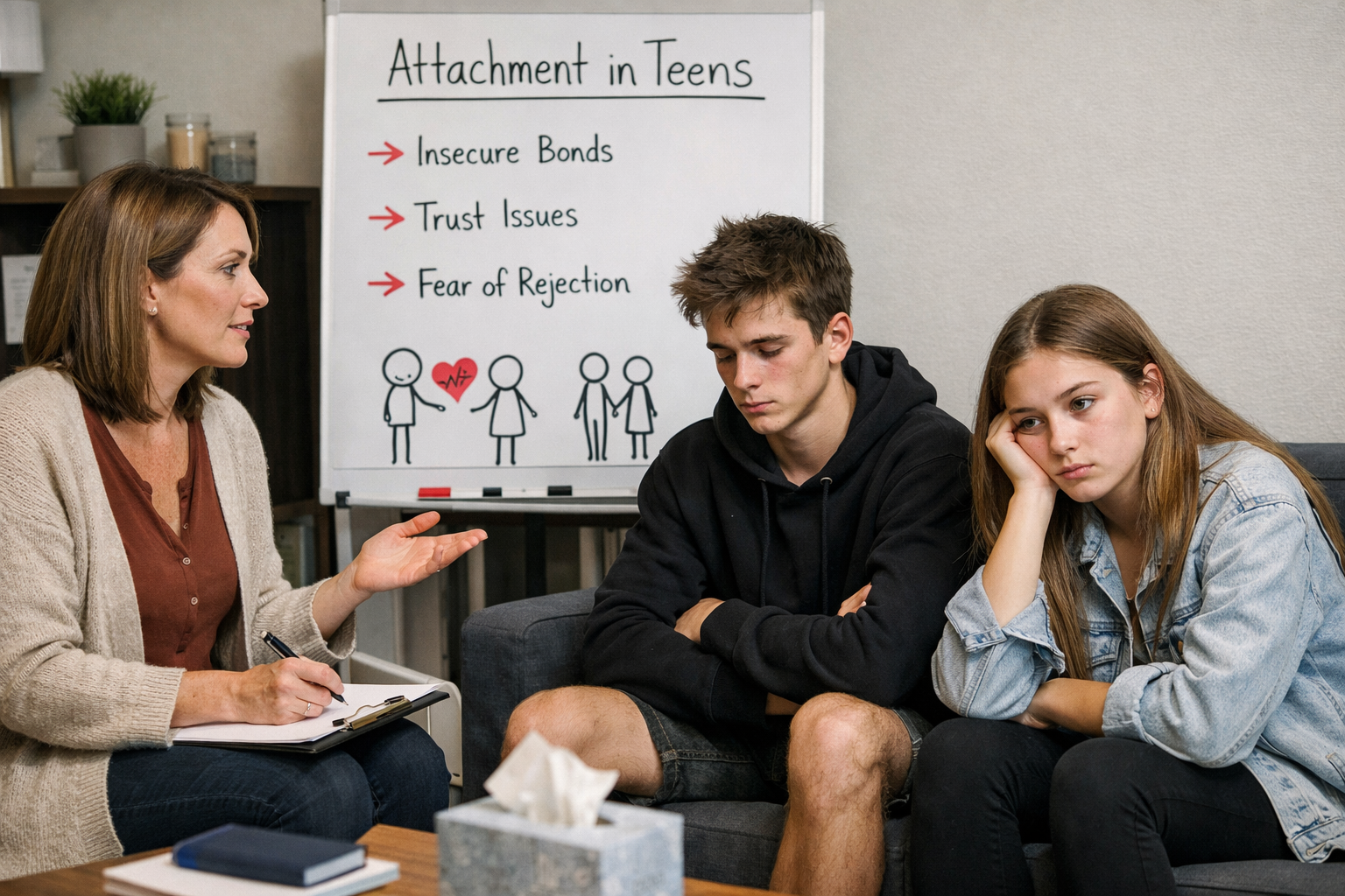 A teenage boy sits alone in a dimly lit room, looking withdrawn and anxious, illustrating attachment disorders in adolescence.