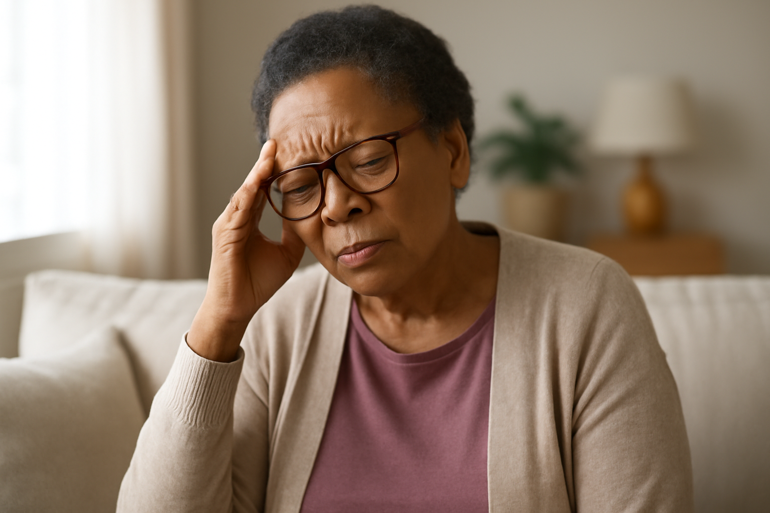 An elderly woman sits at a table, looking thoughtful and slightly confused, representing the challenges of mild cognitive impairment in older adults.