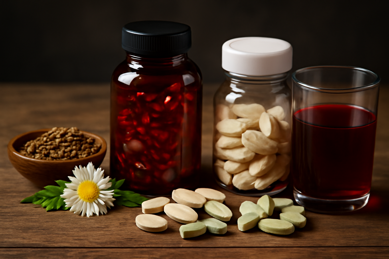 Bottles of supplements for sleep, including melatonin, magnesium, and herbal capsules, arranged on a bedside table to promote restful nighttime sleep.