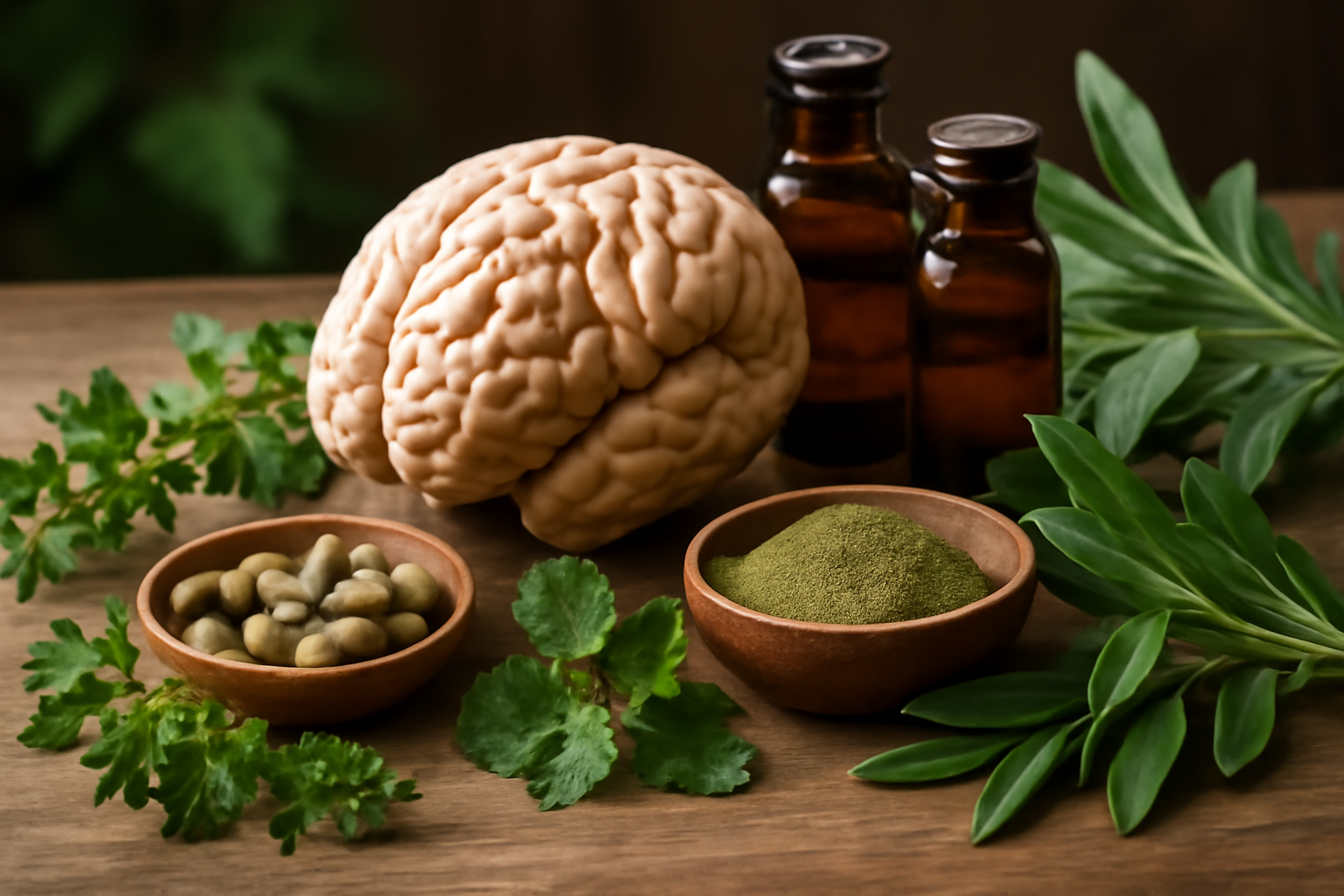 A selection of fresh herbs including rosemary, sage, ginkgo biloba, and peppermint, all known for their potential benefits in supporting memory and brain health.
