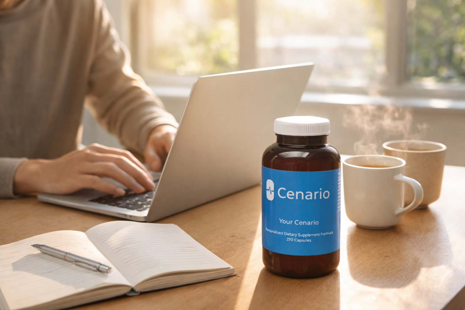 A selection of nootropics for focus, including capsules and herbal supplements, arranged on a desk beside a notebook and a cup of coffee.