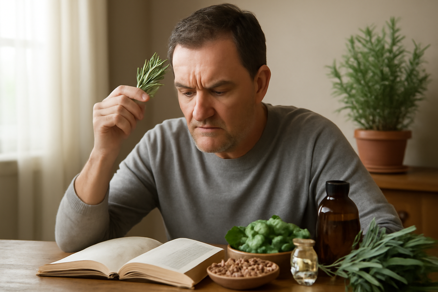 A selection of fresh herbs known to support memory, including rosemary, sage, ginkgo biloba, and gotu kola, displayed on a wooden table.