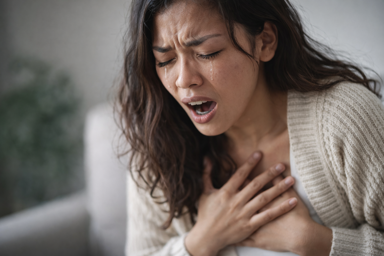 A person experiencing a PTSD episode appears distressed, possibly sweating, shaking, or withdrawn, reacting to a trigger with fear or anxiety symptoms.