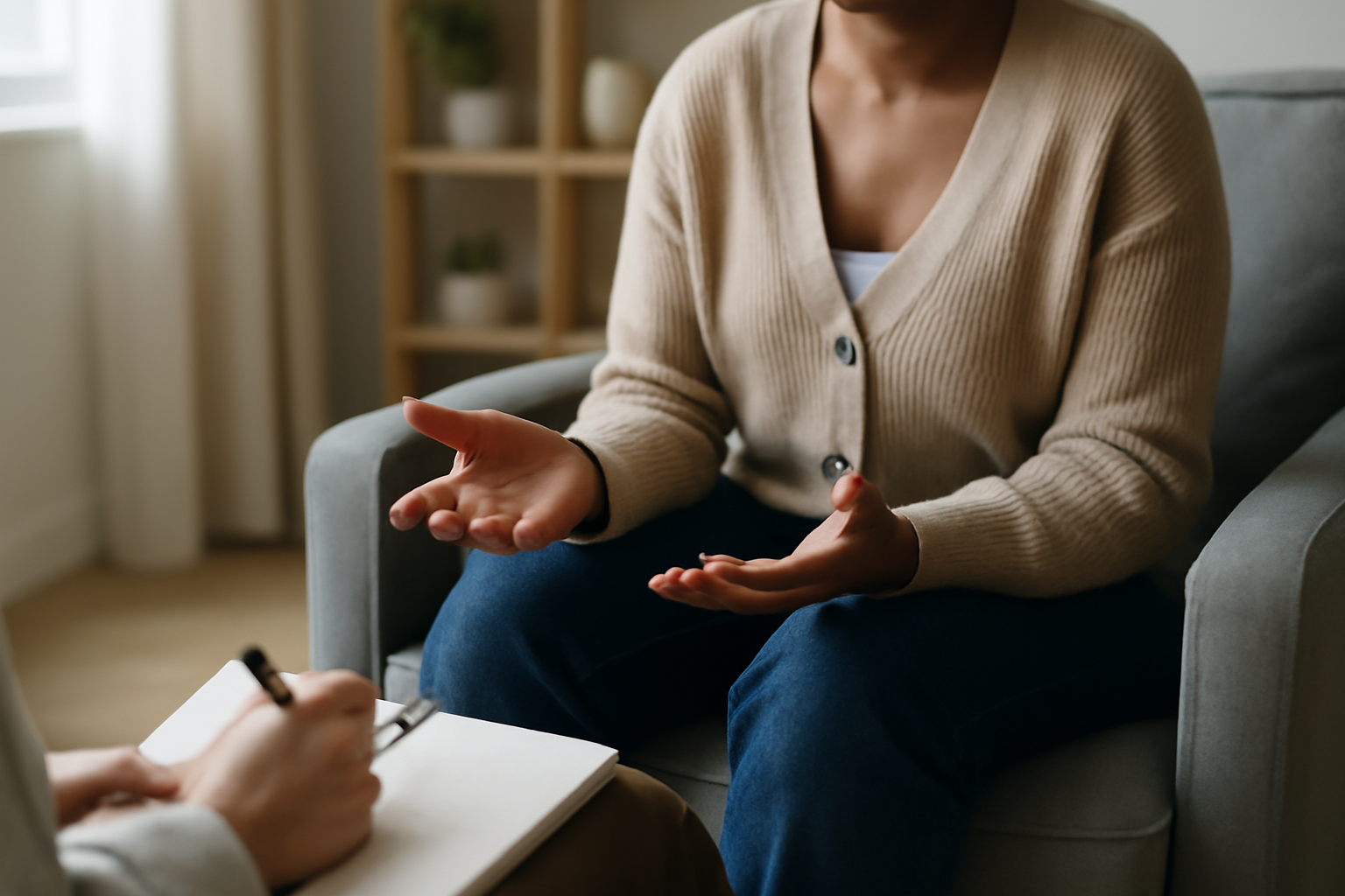 Person gesturing while talking during a therapy session