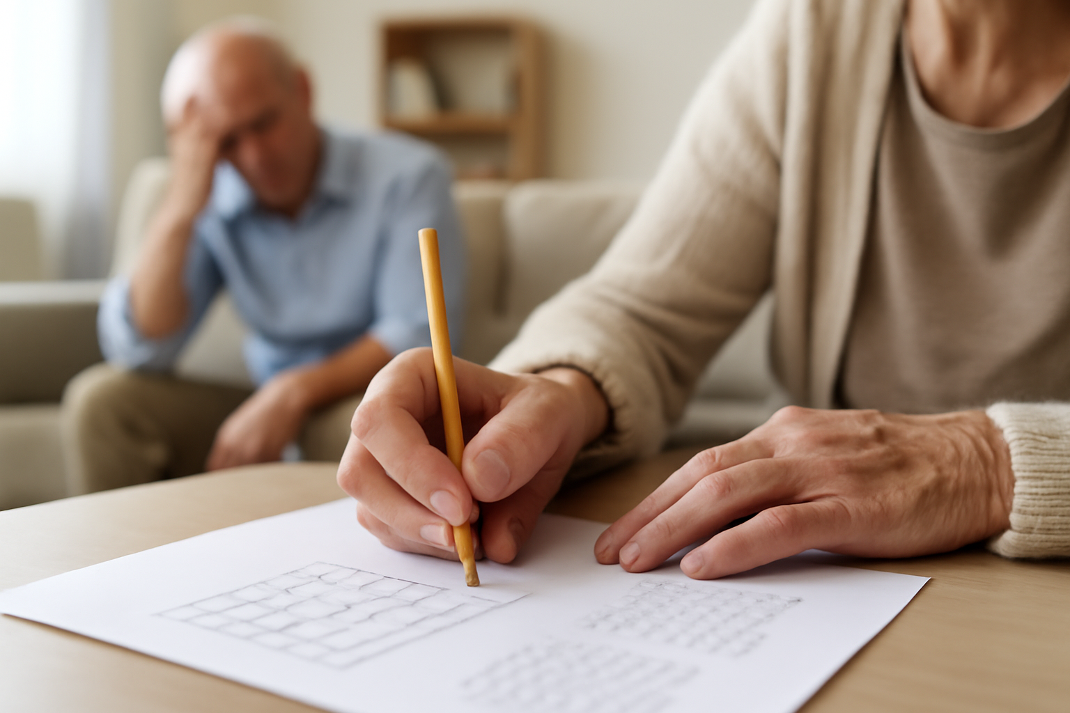 Person holding pencil drawing on paper, man sitting in background
