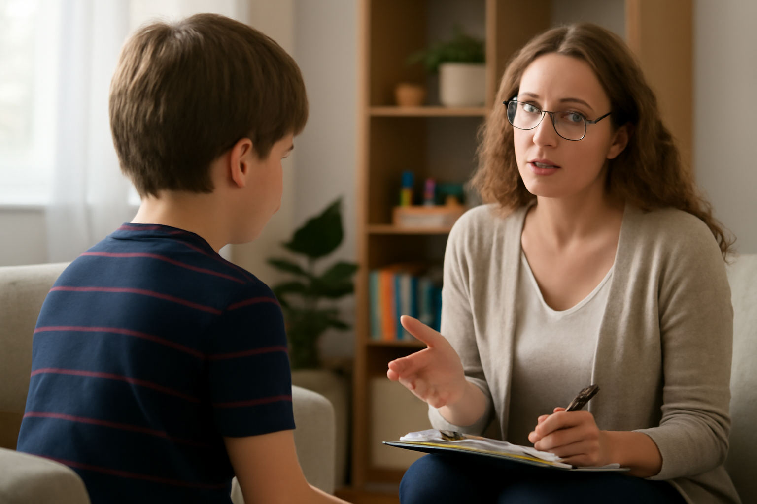 Therapist talking with a boy during counseling session