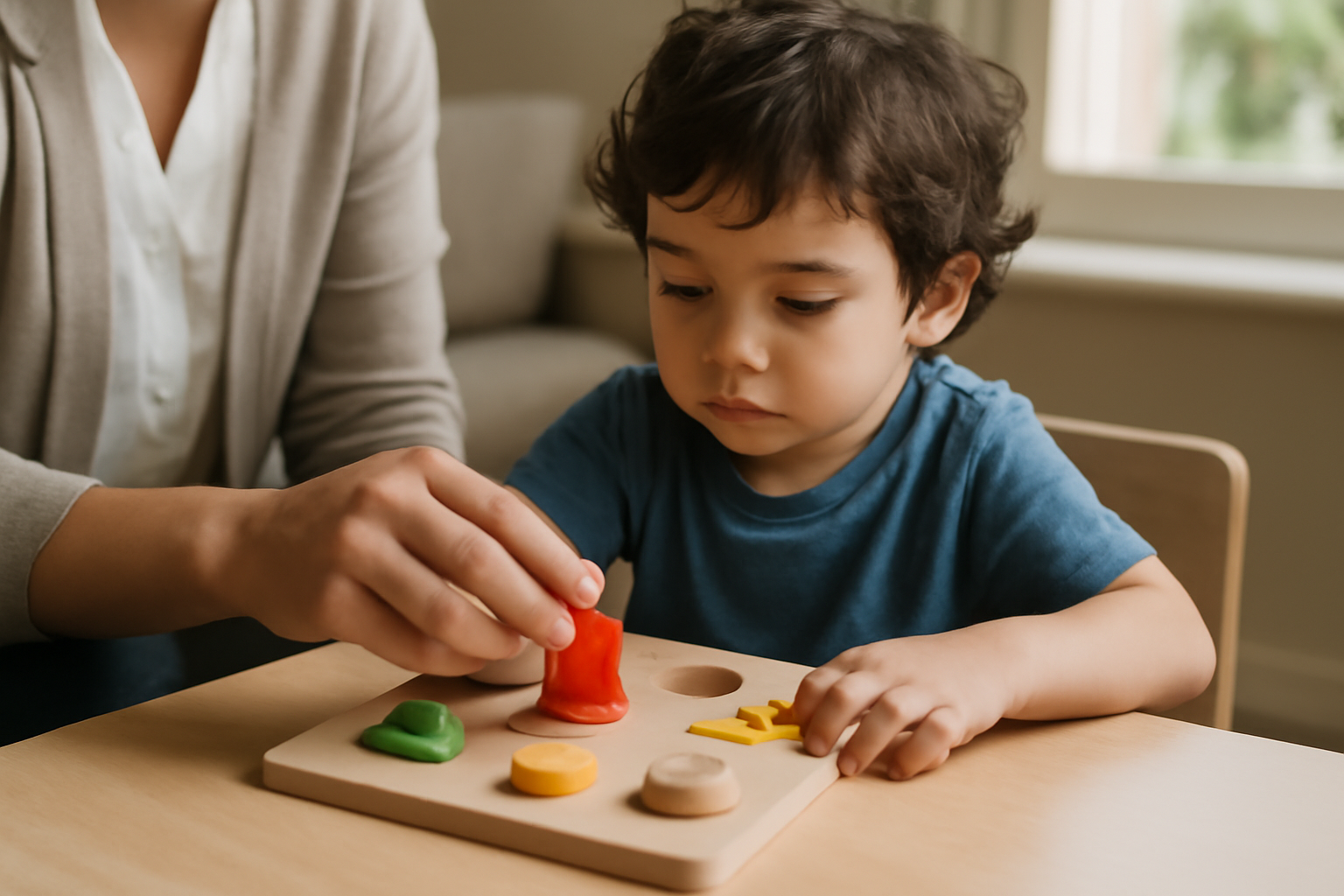 Child and adult playing with wooden shape puzzle at table