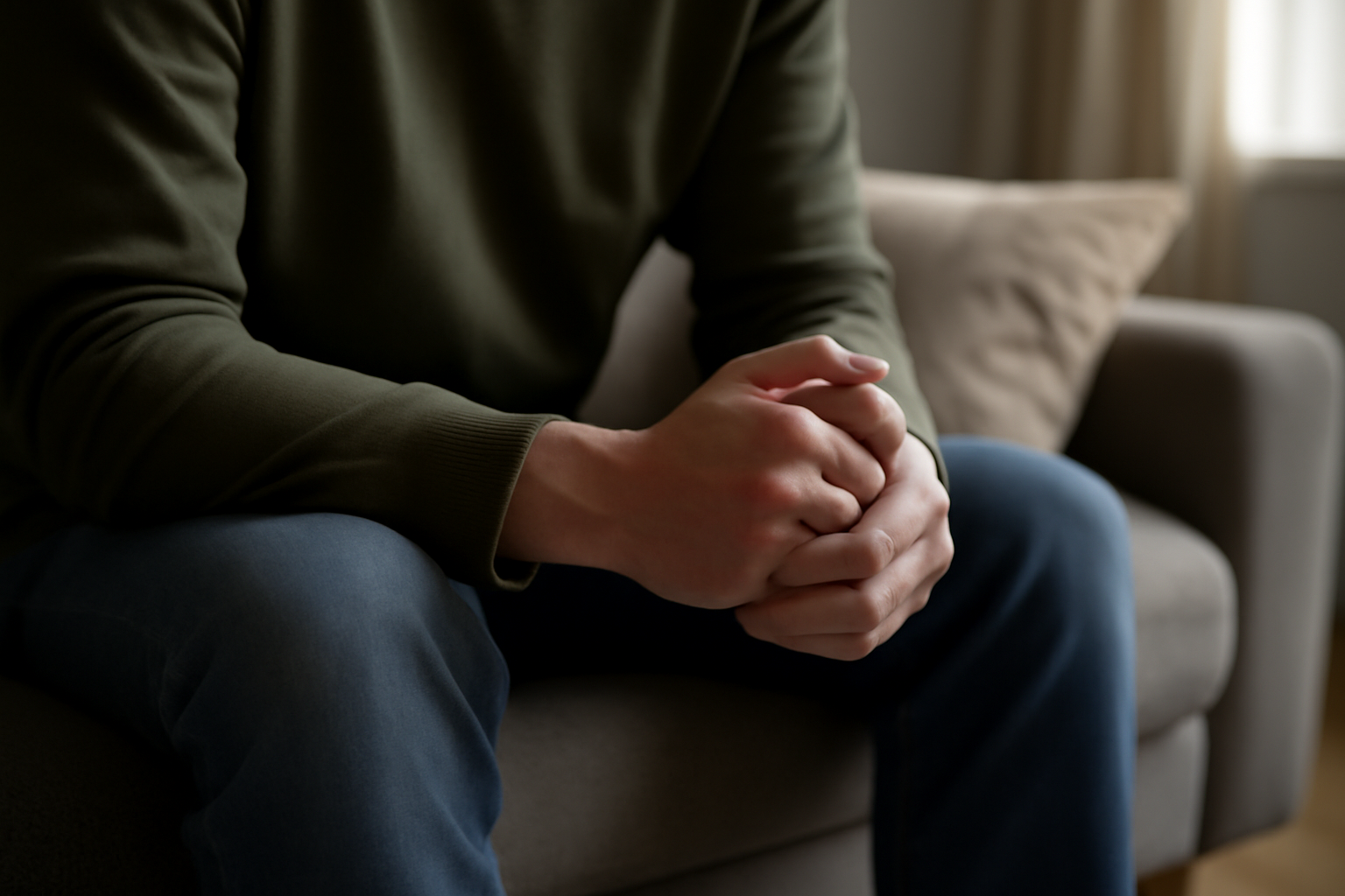 Person sitting with hands clasped, showing nervousness