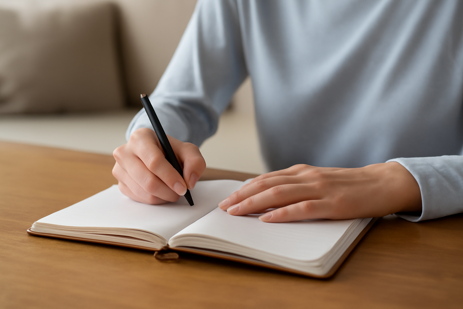 Person writing in a blank notebook with a black pencil