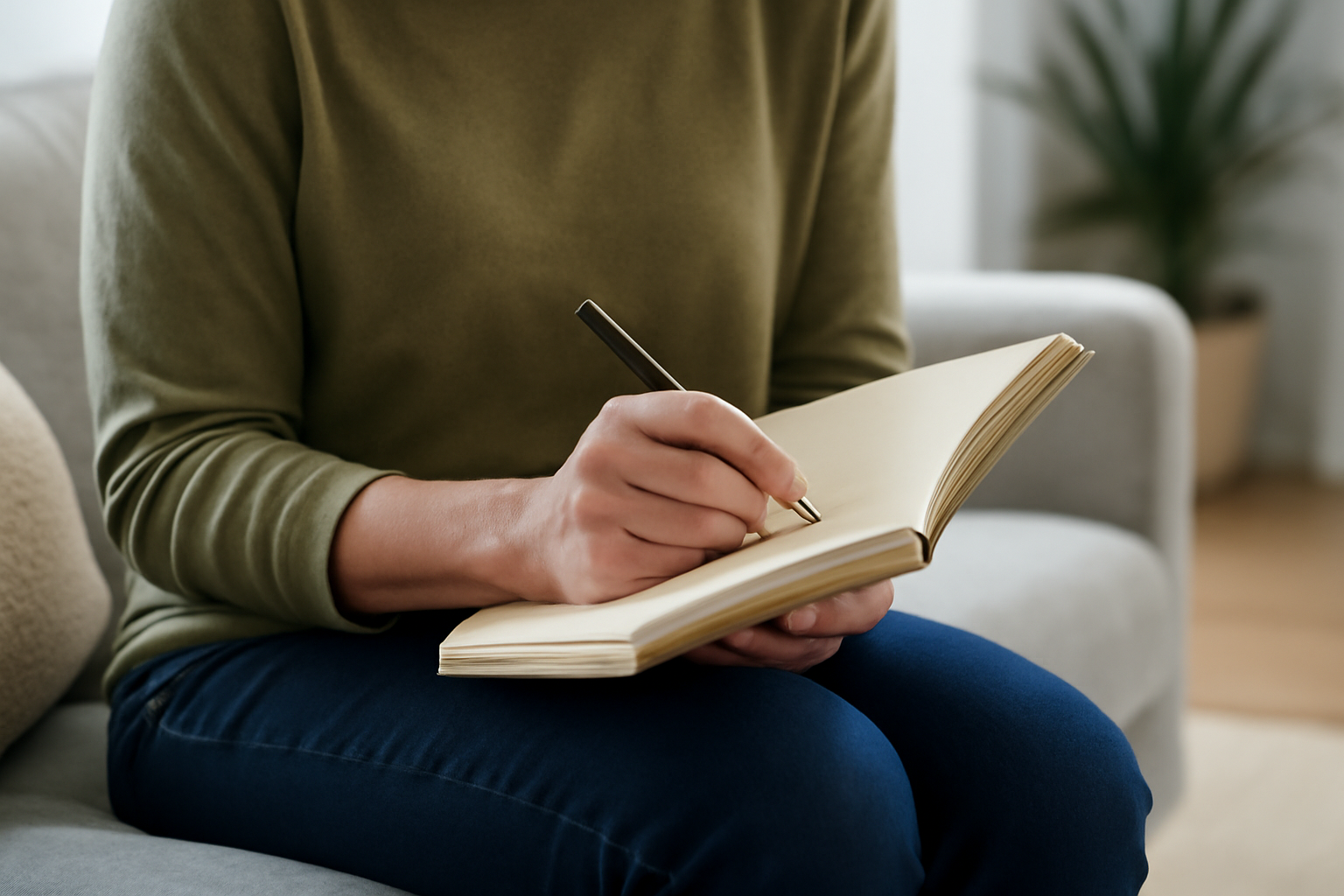 Person writing in a blank notebook while sitting on a couch