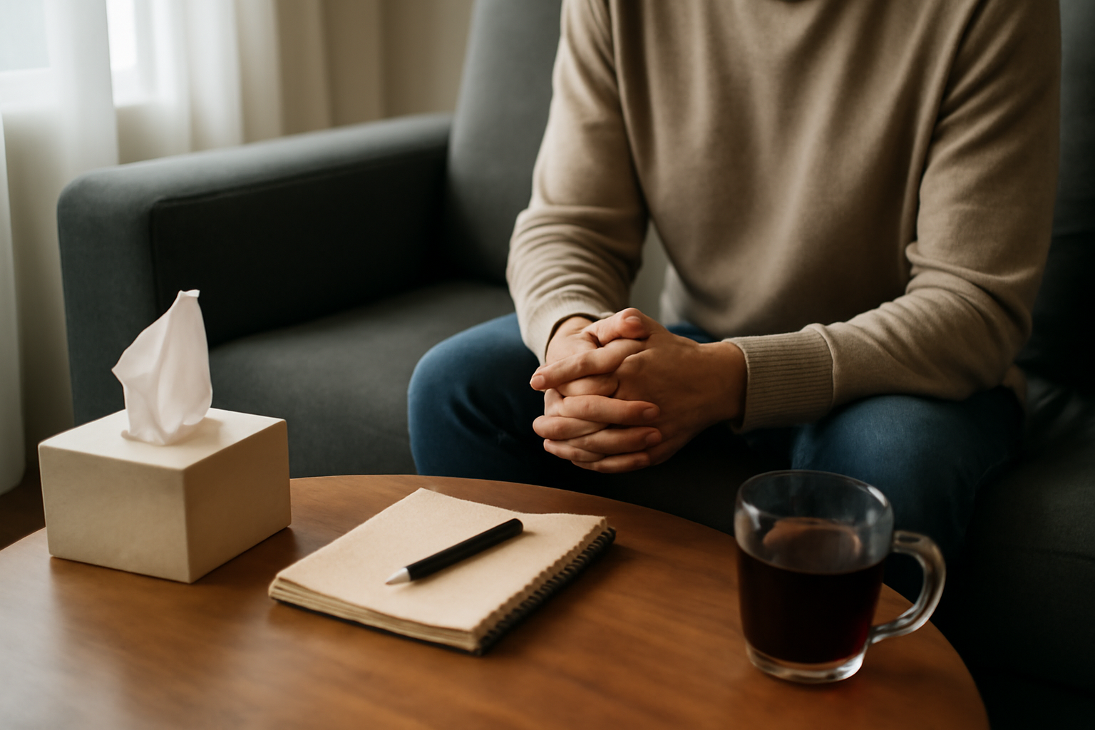 Person sitting with clasped hands on couch near notebook, pen, tissues, and coffee