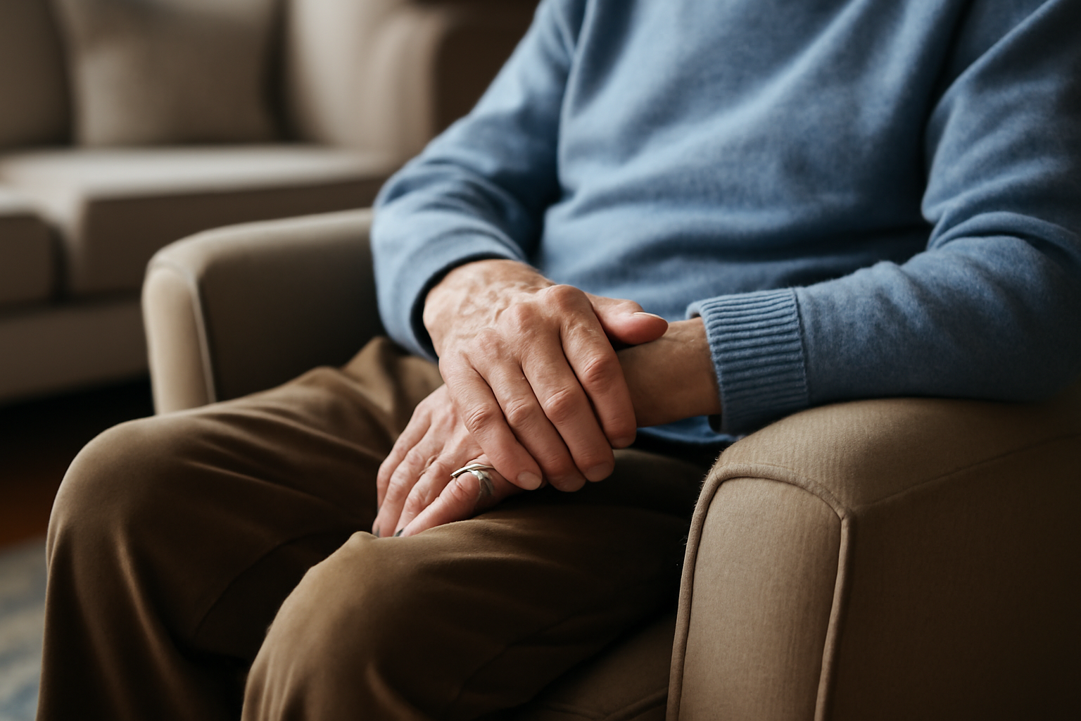 Elderly person sitting with hands resting on lap