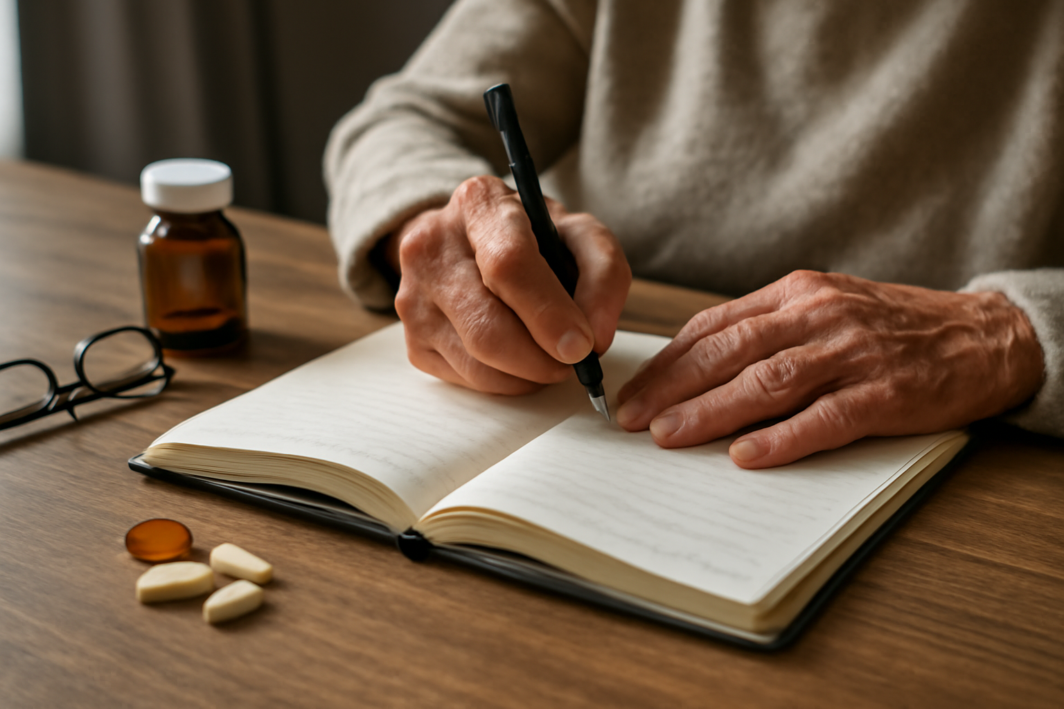 Hands of an elder writing in a notebook with medicine bottles nearby